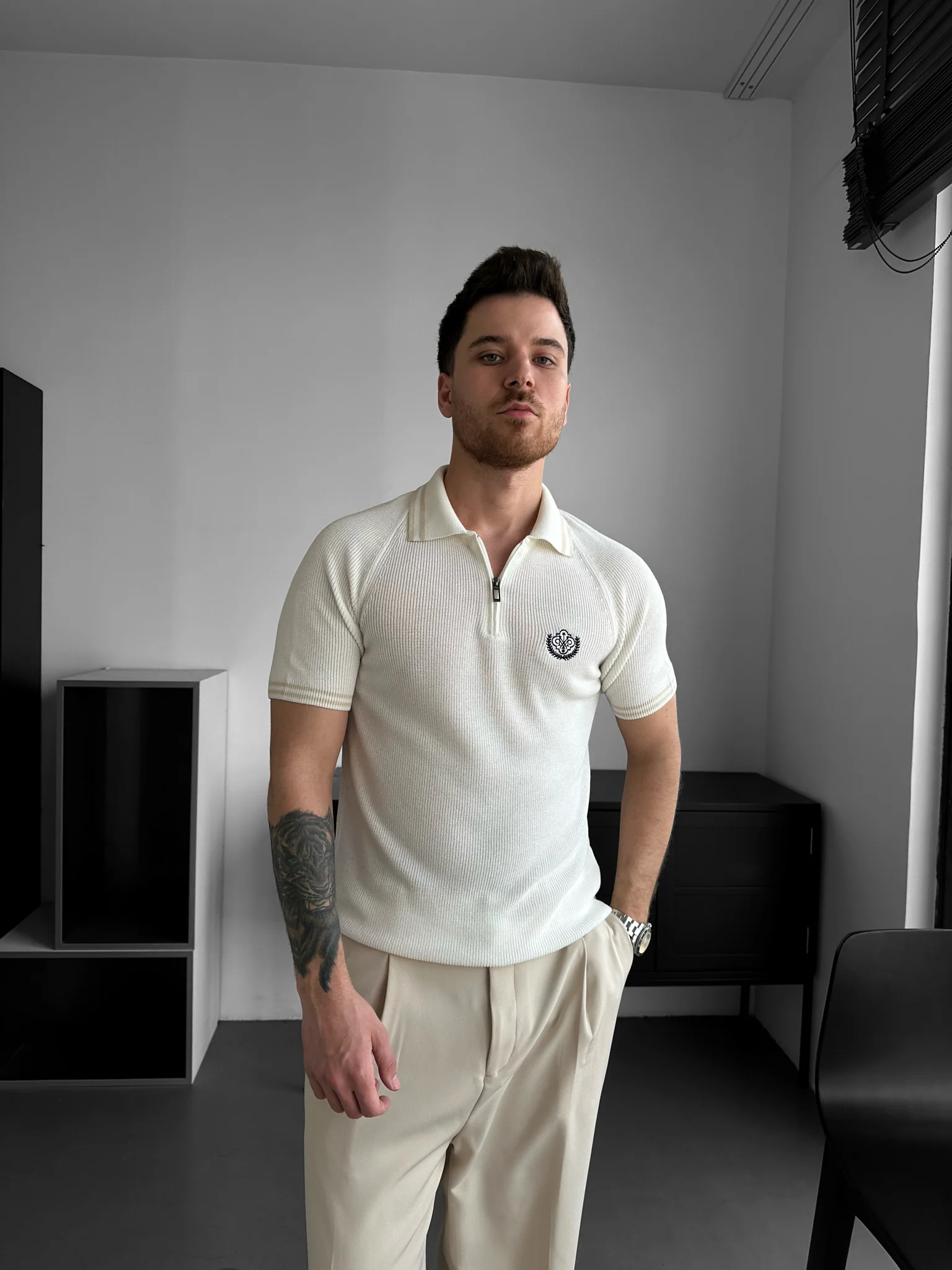 Slim Fit Half-Zip Embroidered Polo T-shirt - Ecru - Image 3