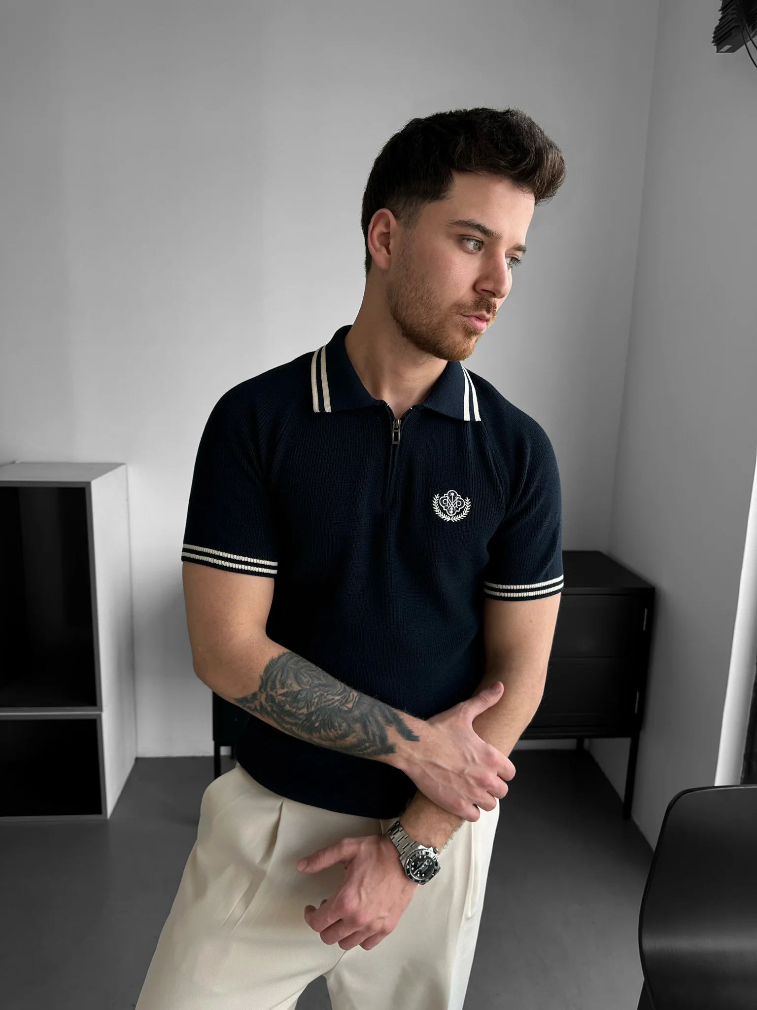 Slim Fit Half-Zip Embroidered Polo T-shirt - Navy Blue