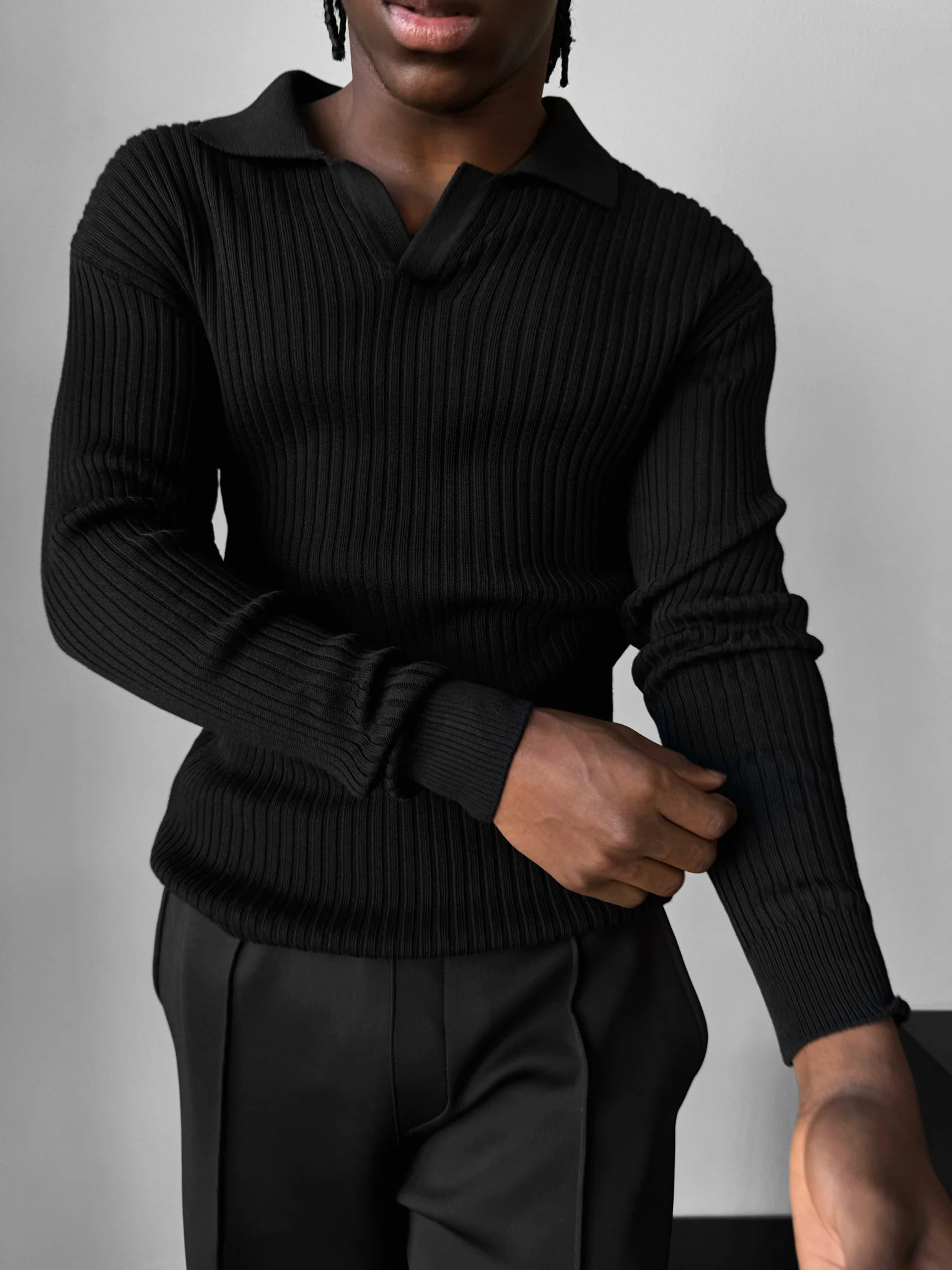 Slim Fit Knit Polo Sweater - Black - Image 2