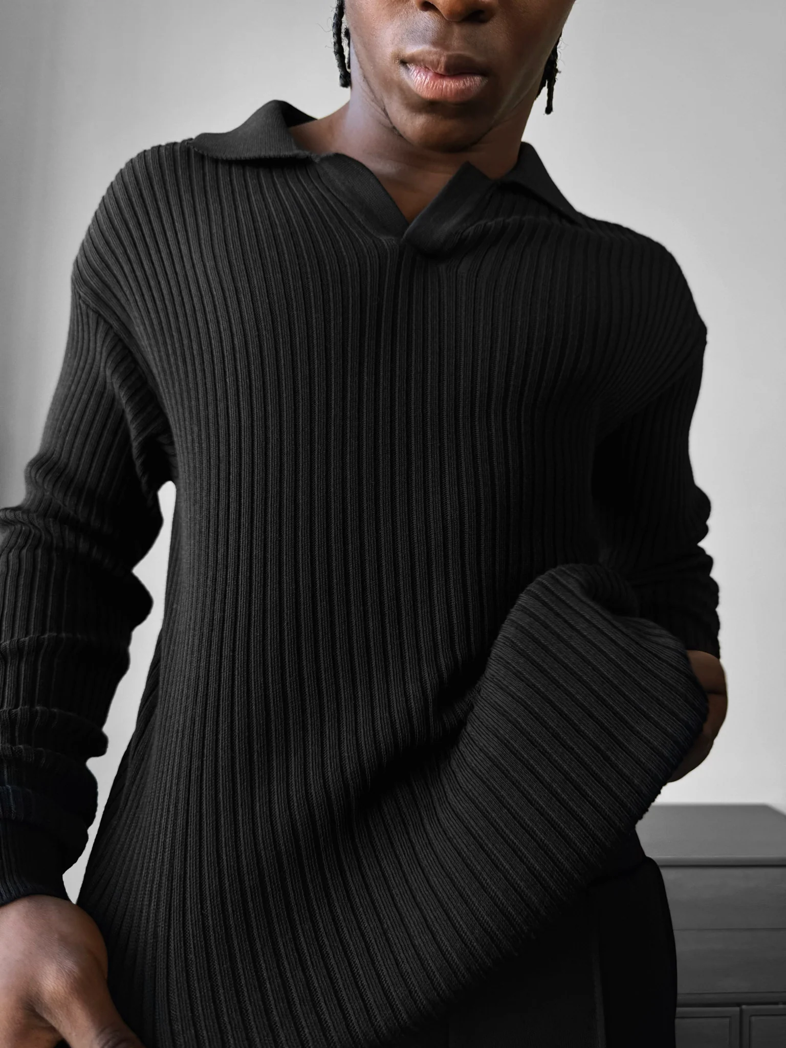 Slim Fit Knit Polo Sweater - Black - Image 3