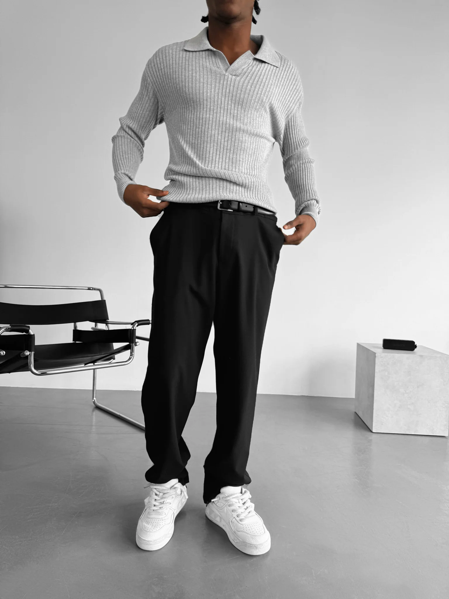 Slim Fit Knit Polo Sweater - Grey - Image 2