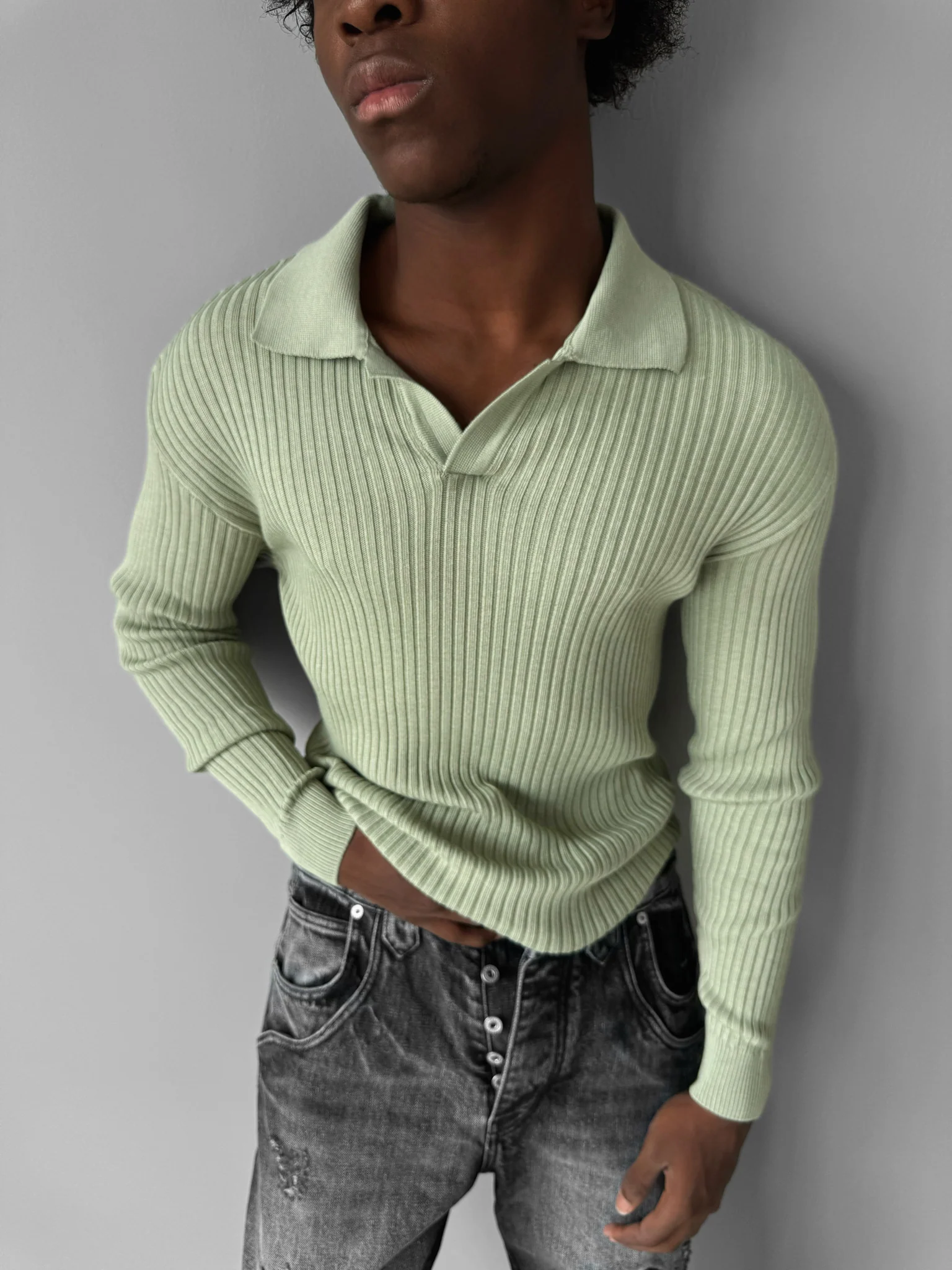 Slim Fit Knit Polo Sweater - Mint - Image 2