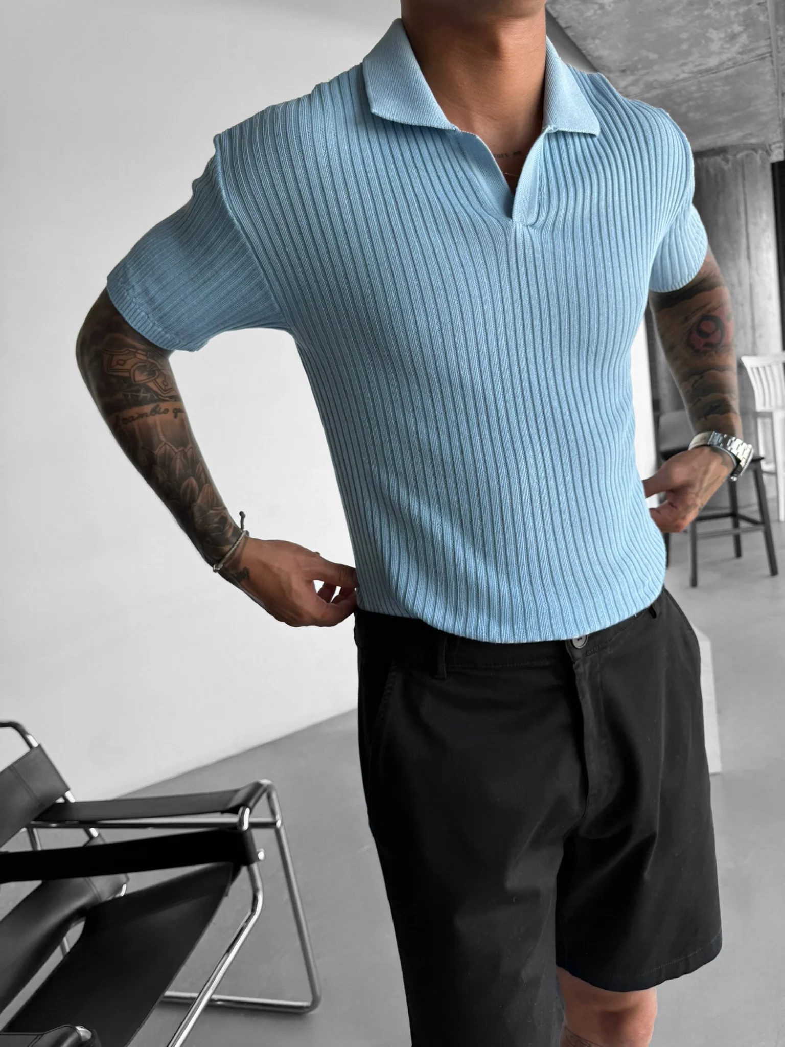 Slim Fit Knit Polo T-Shirt - Babyblue - Image 2