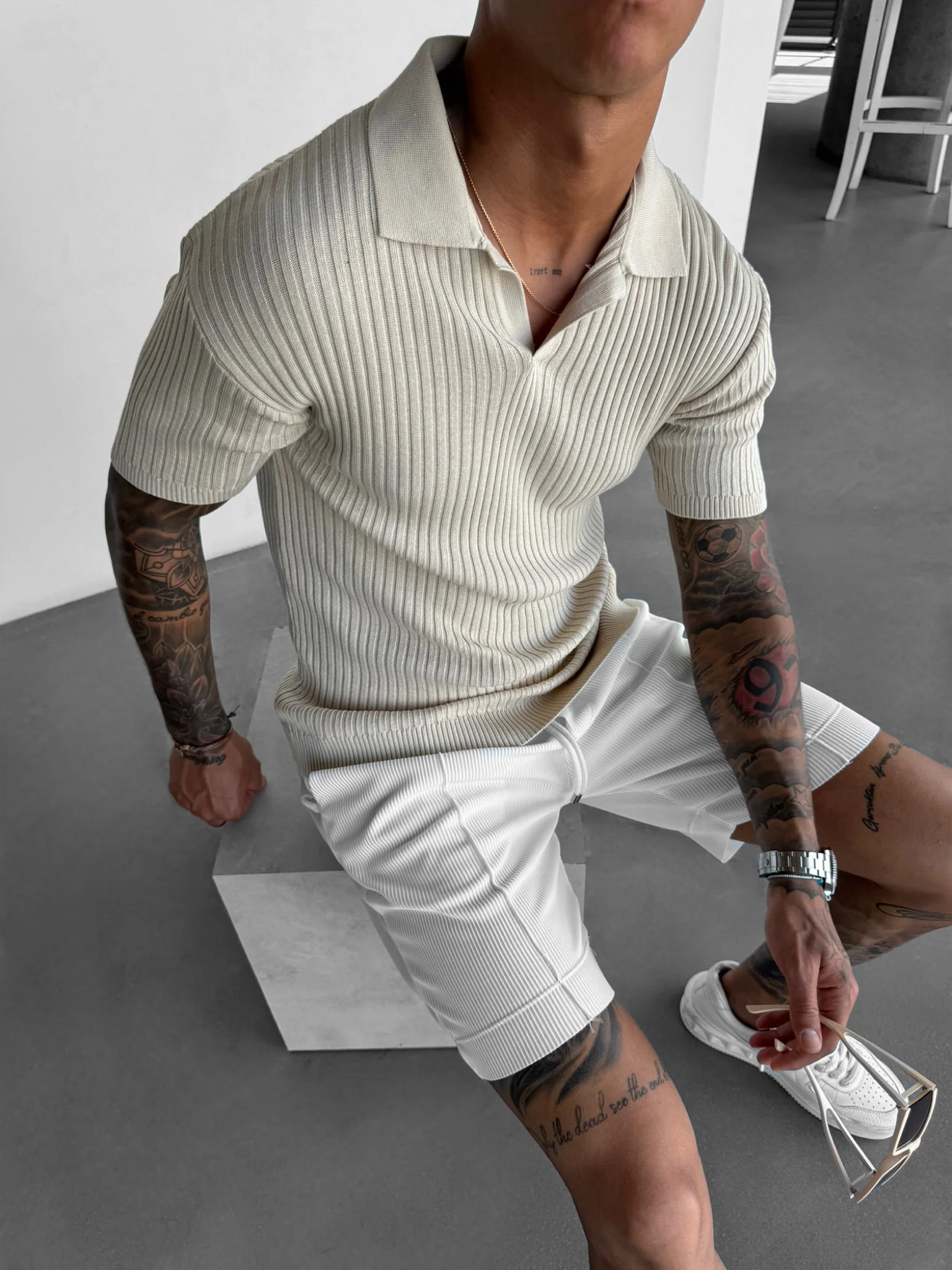 Slim Fit Knit Polo T-Shirt - Beige - Image 2