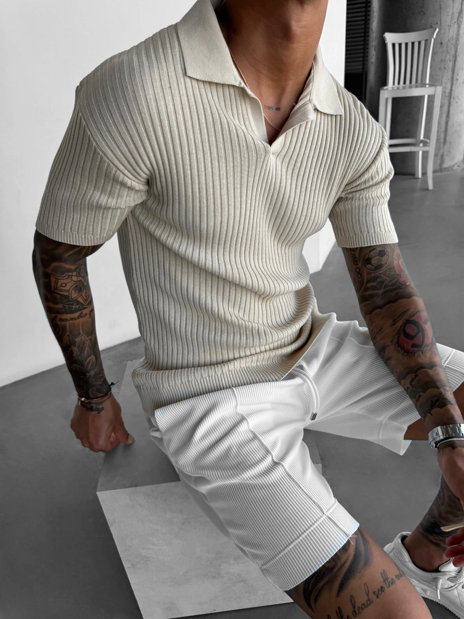 Slim Fit Knit Polo T-Shirt - Beige - Image 4