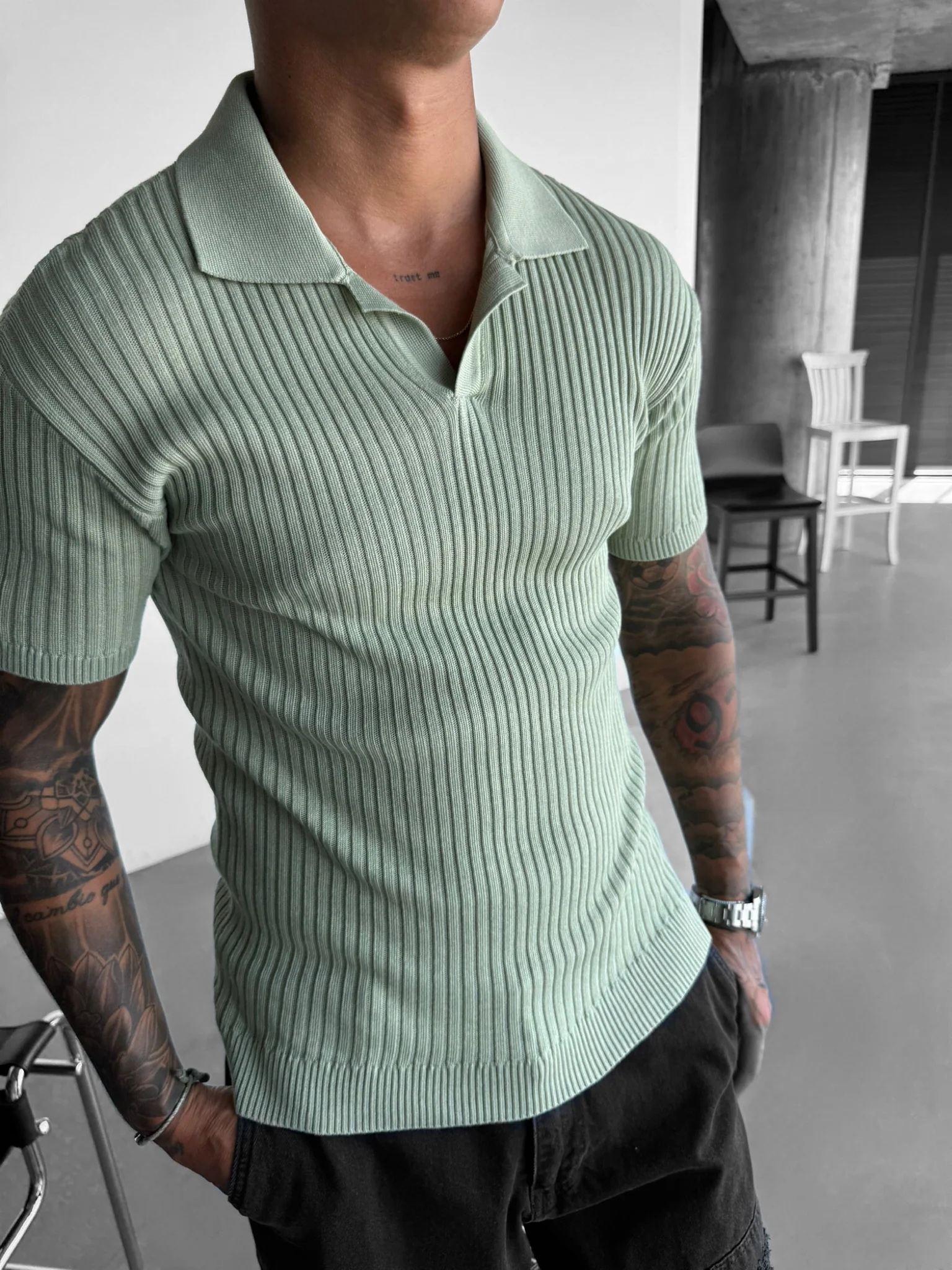 Slim Fit Knit Polo T-Shirt - Mint - Image 4