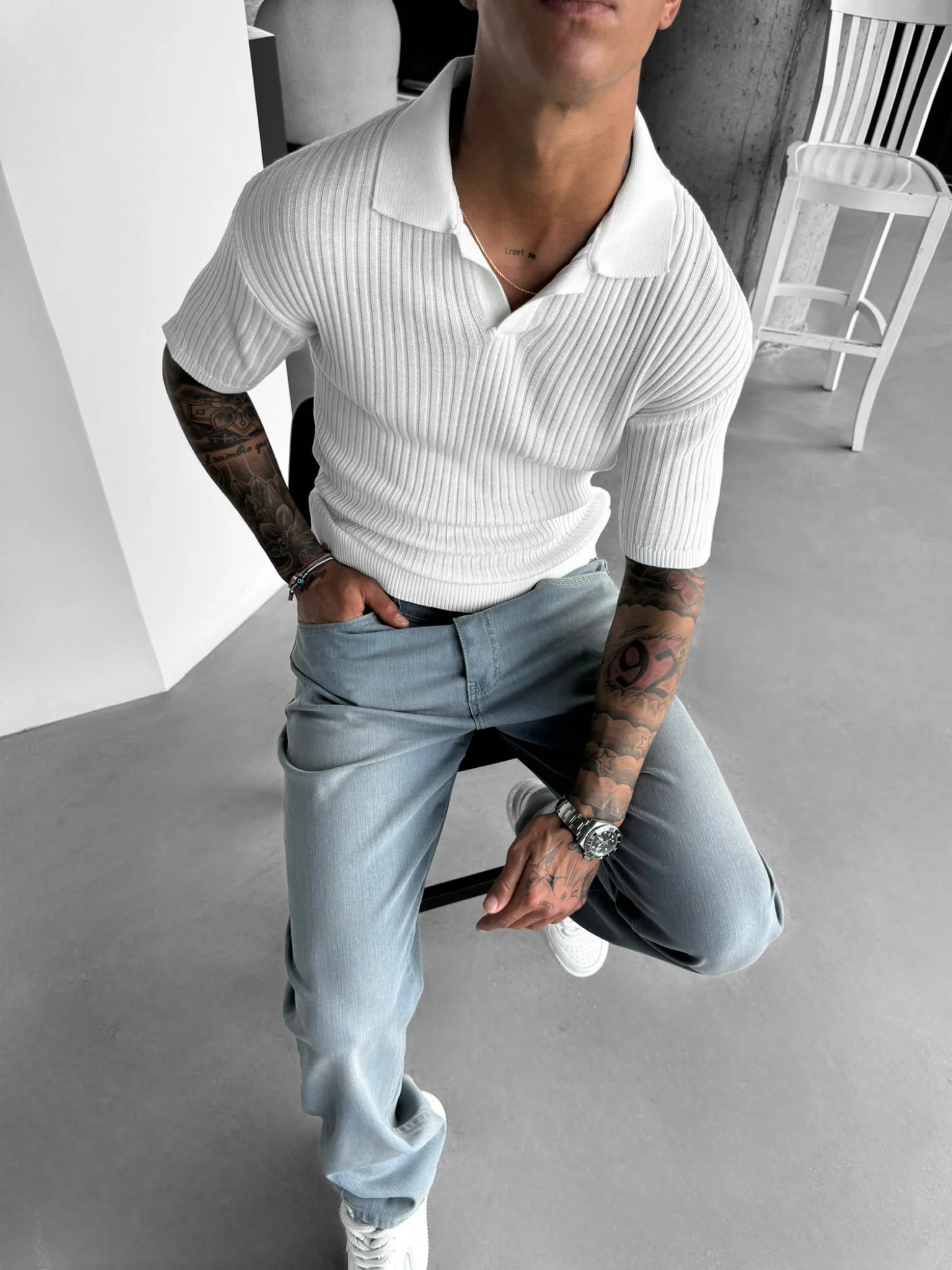 Slim Fit Knit Polo T-Shirt - White