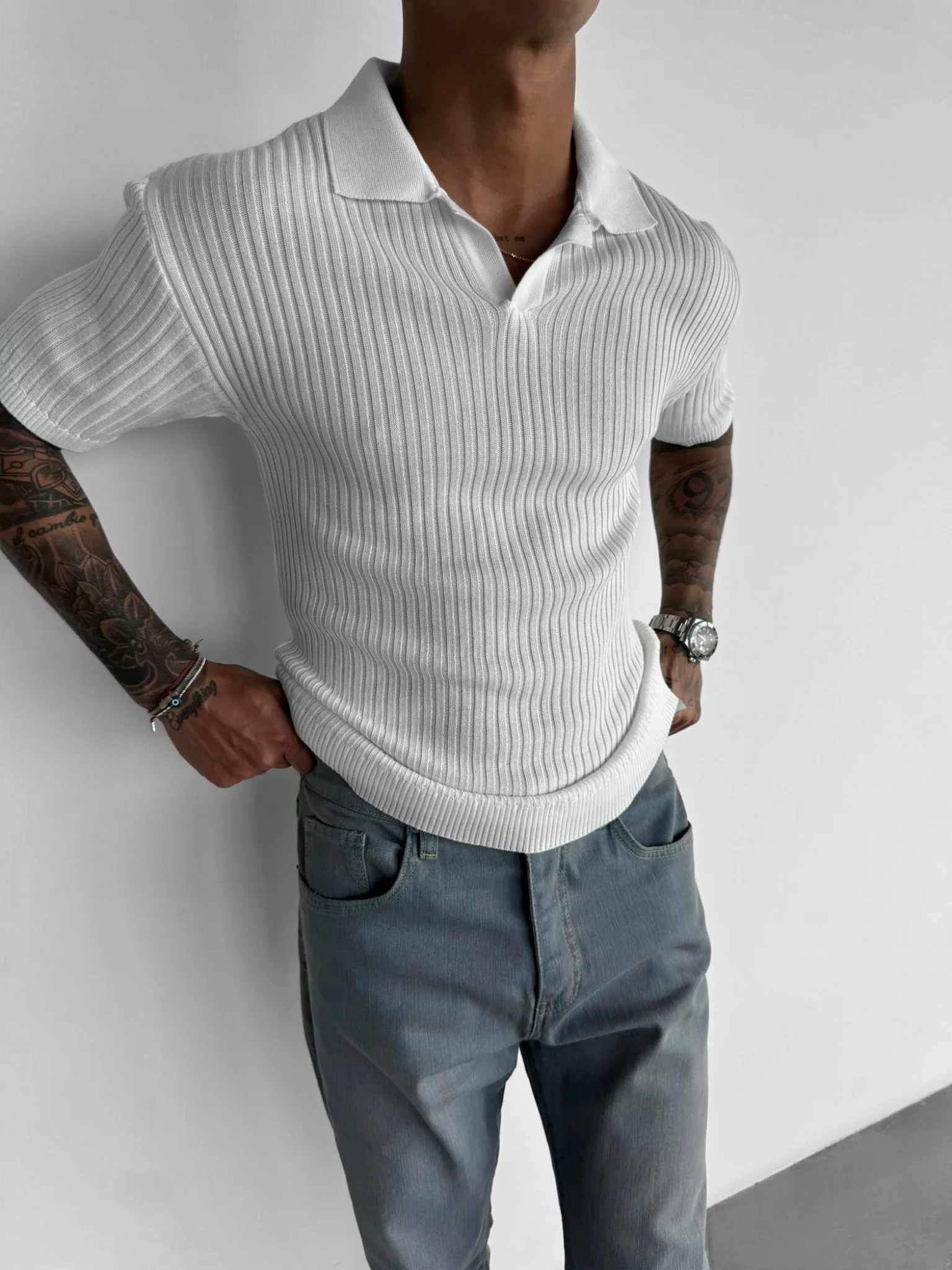 Slim Fit Knit Polo T-Shirt - White - Image 2