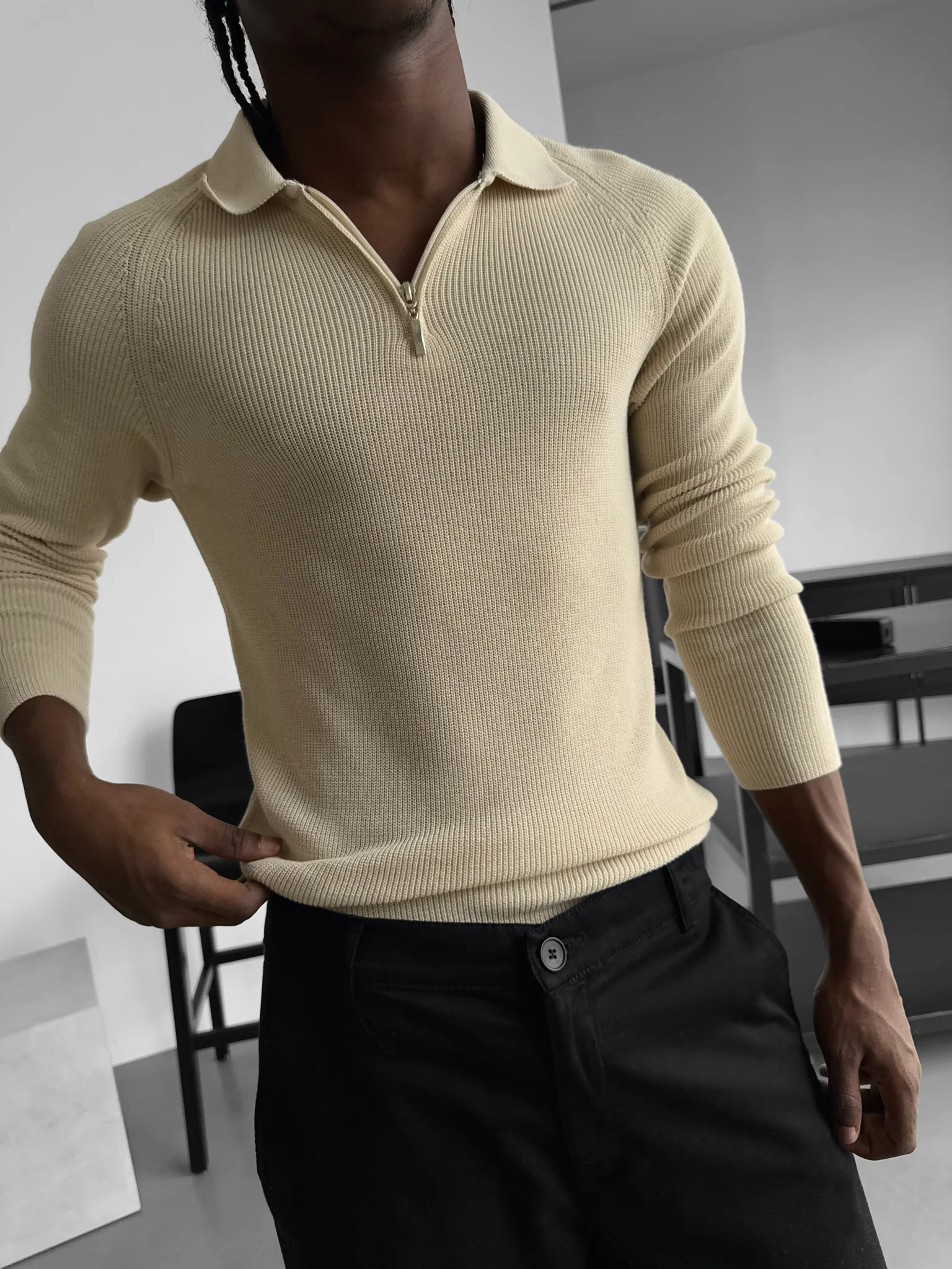 Slim Fit Knit Zipper Polo Sweater - Beige - Image 3