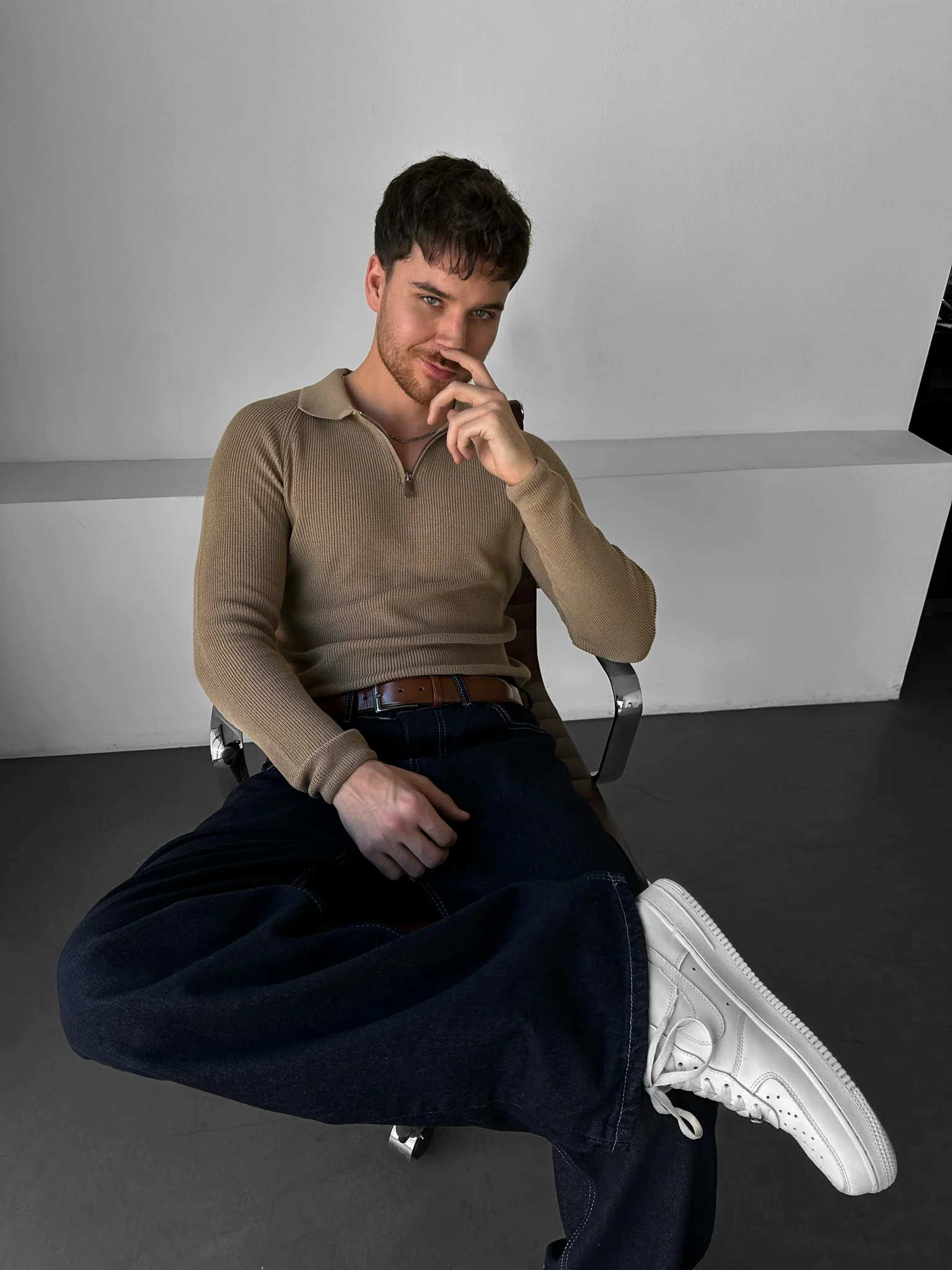 Slim Fit Knit Zipper Polo Sweater - Camel - Image 2