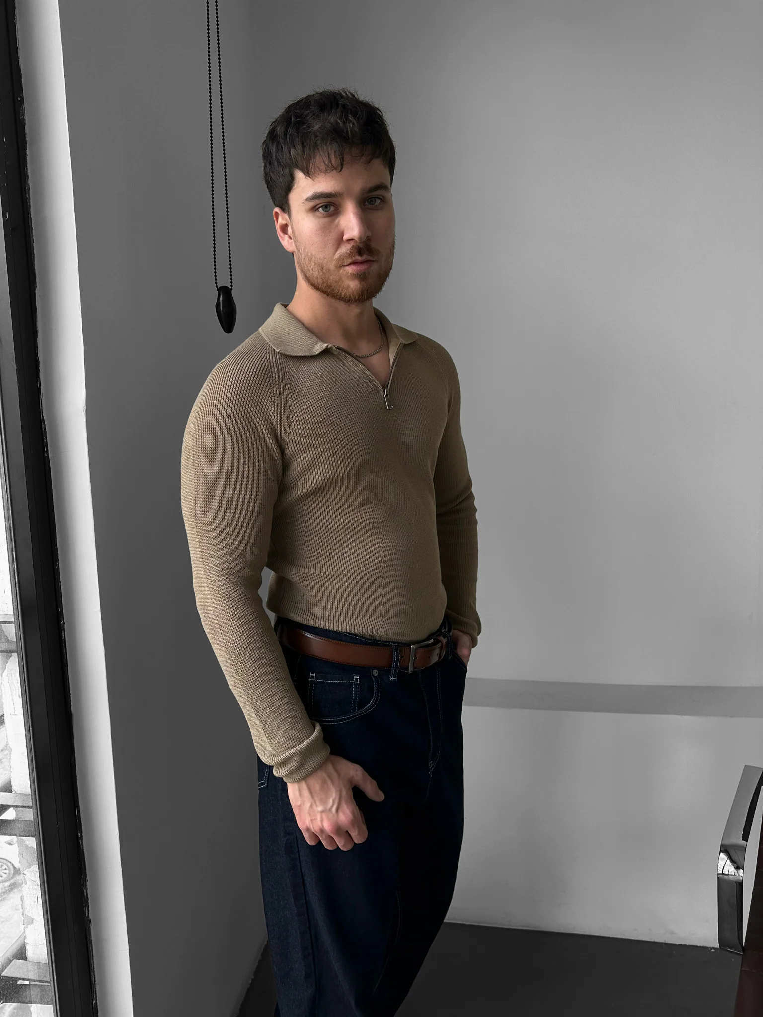 Slim Fit Knit Zipper Polo Sweater - Camel - Image 3