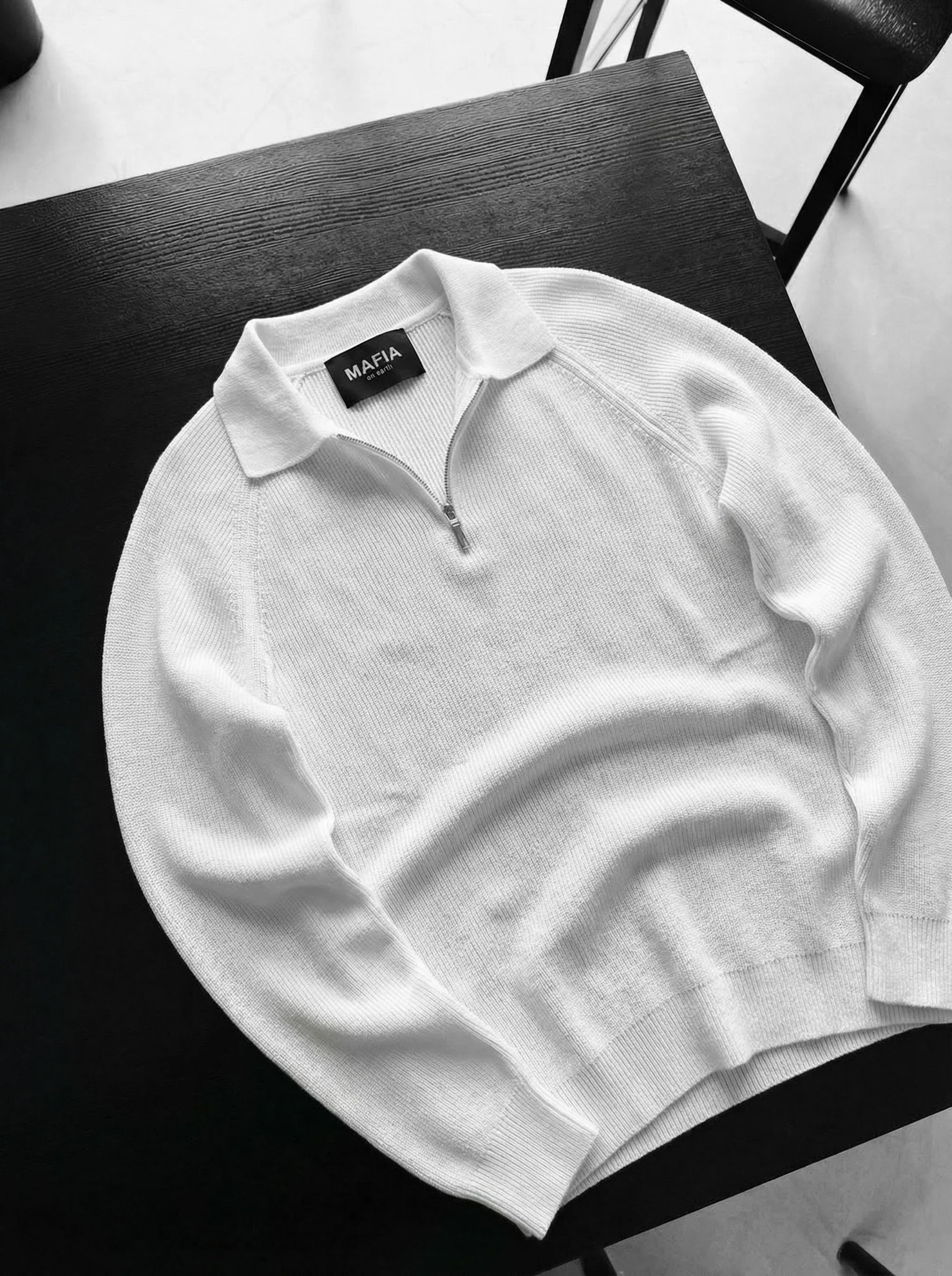 Slim Fit Knit Zipper Polo Sweater - Ecru
