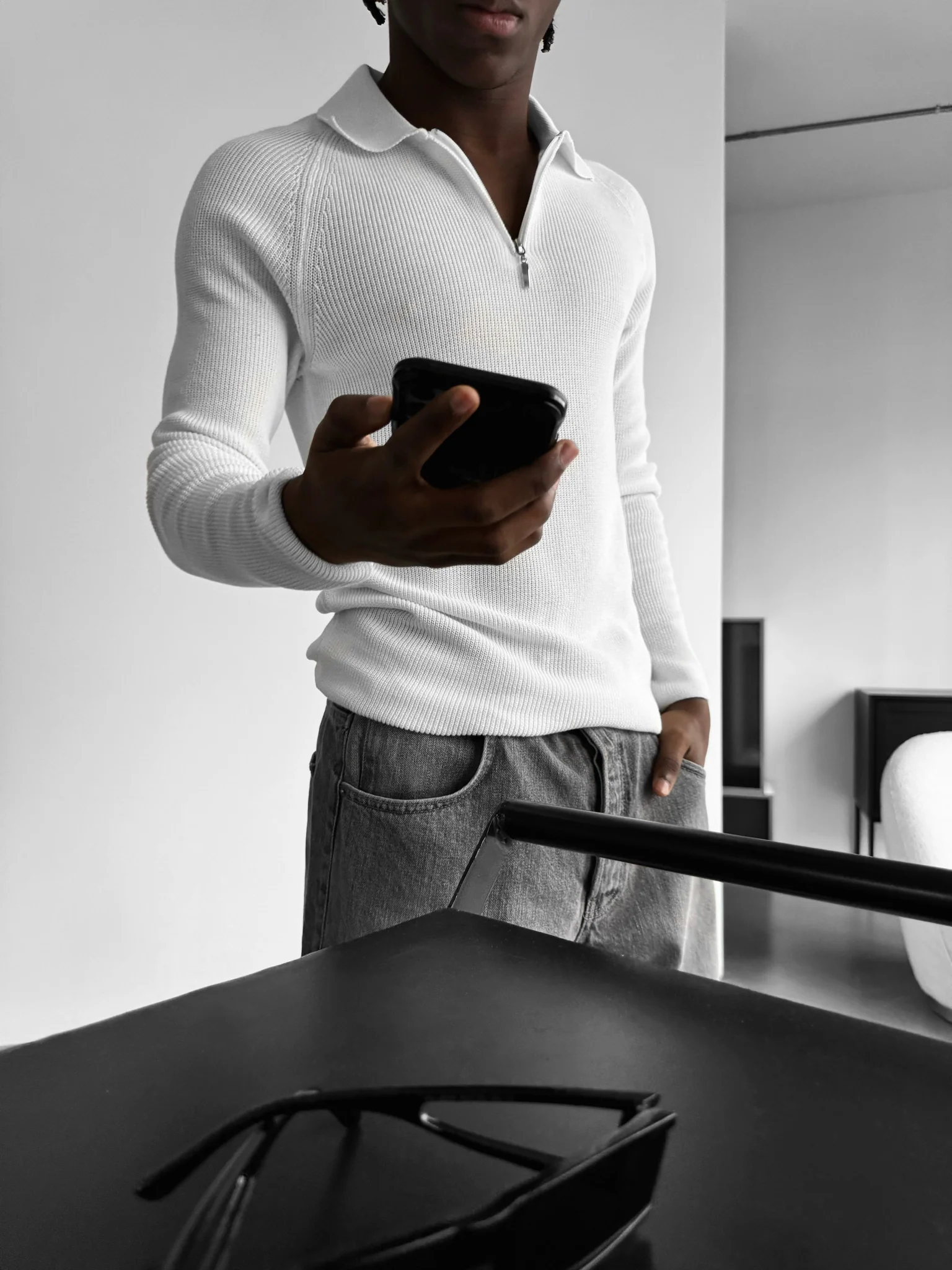 Slim Fit Knit Zipper Polo Sweater - Ecru - Image 3