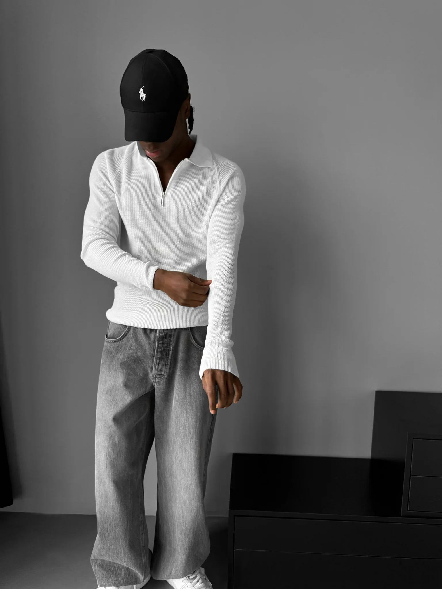 Slim Fit Knit Zipper Polo Sweater - Ecru - Image 4