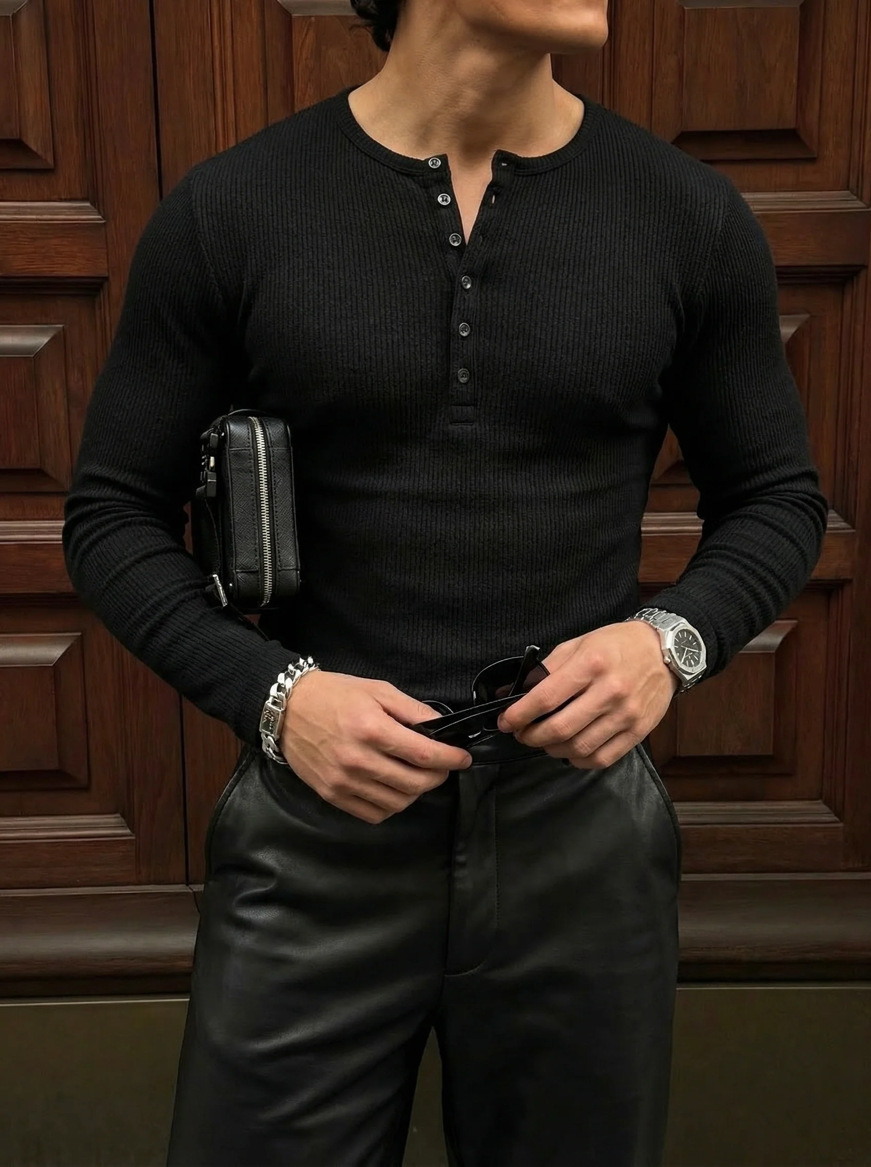 Slim Fit Long Arm Button T-shirt - Black - Image 2