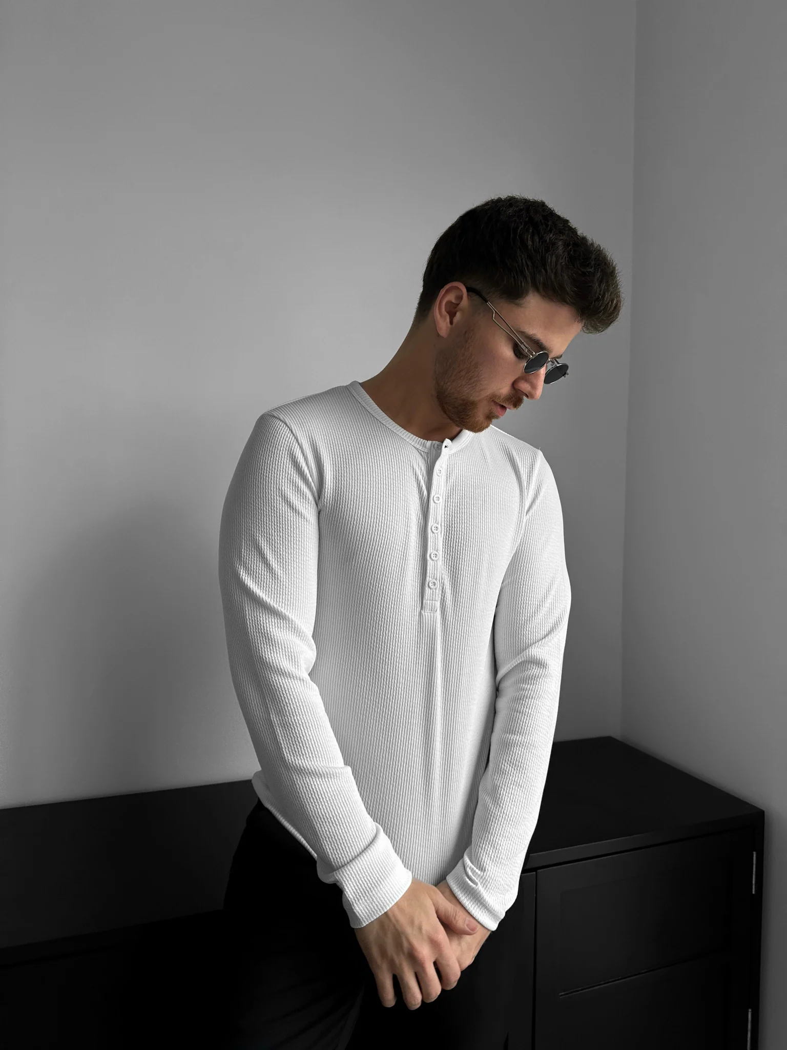 Slim Fit Long Arm Button T-shirt - Ecru - Image 3