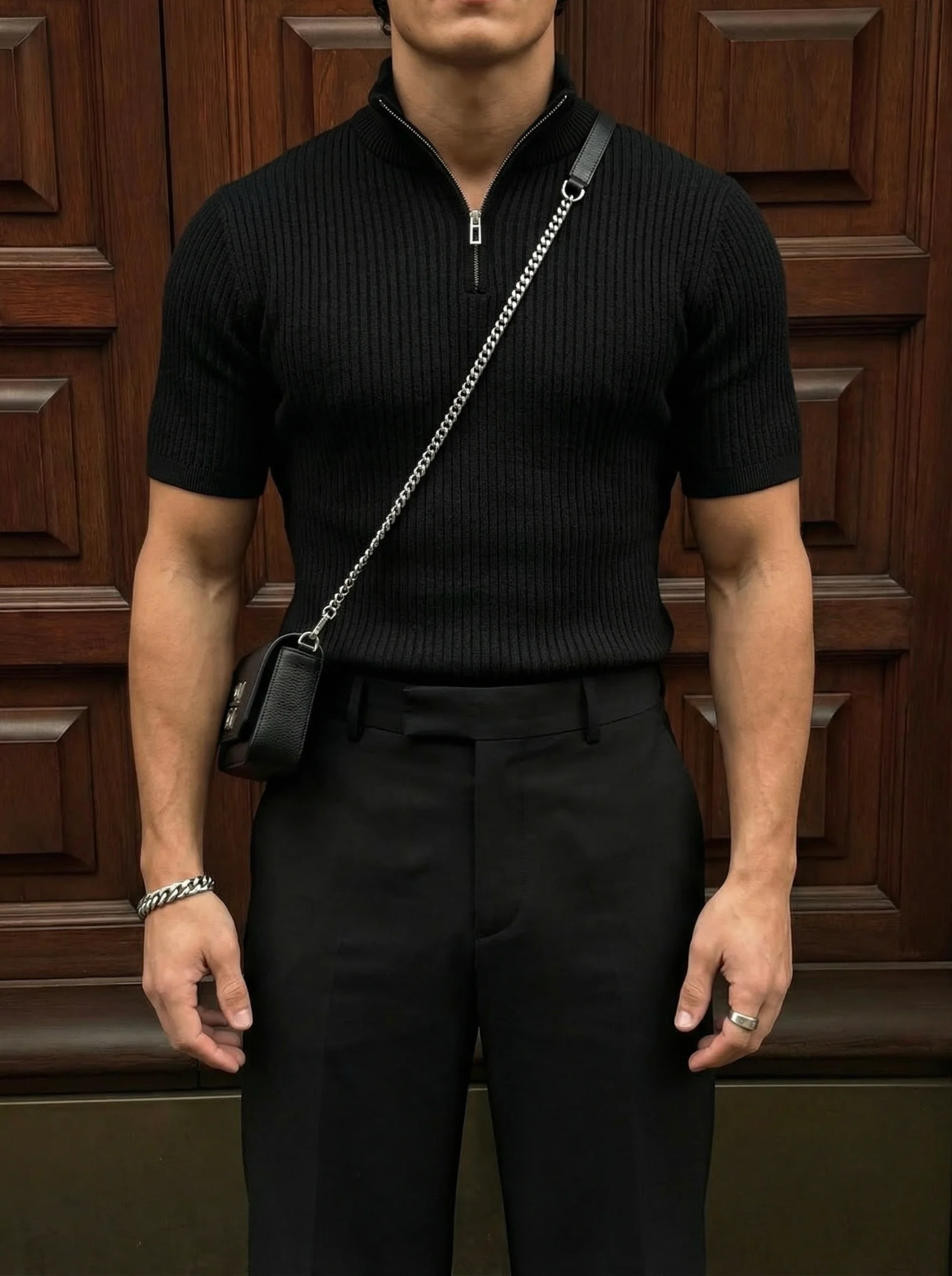 Slim Fit Mock Neck Zip T-shirt - Black - Image 2