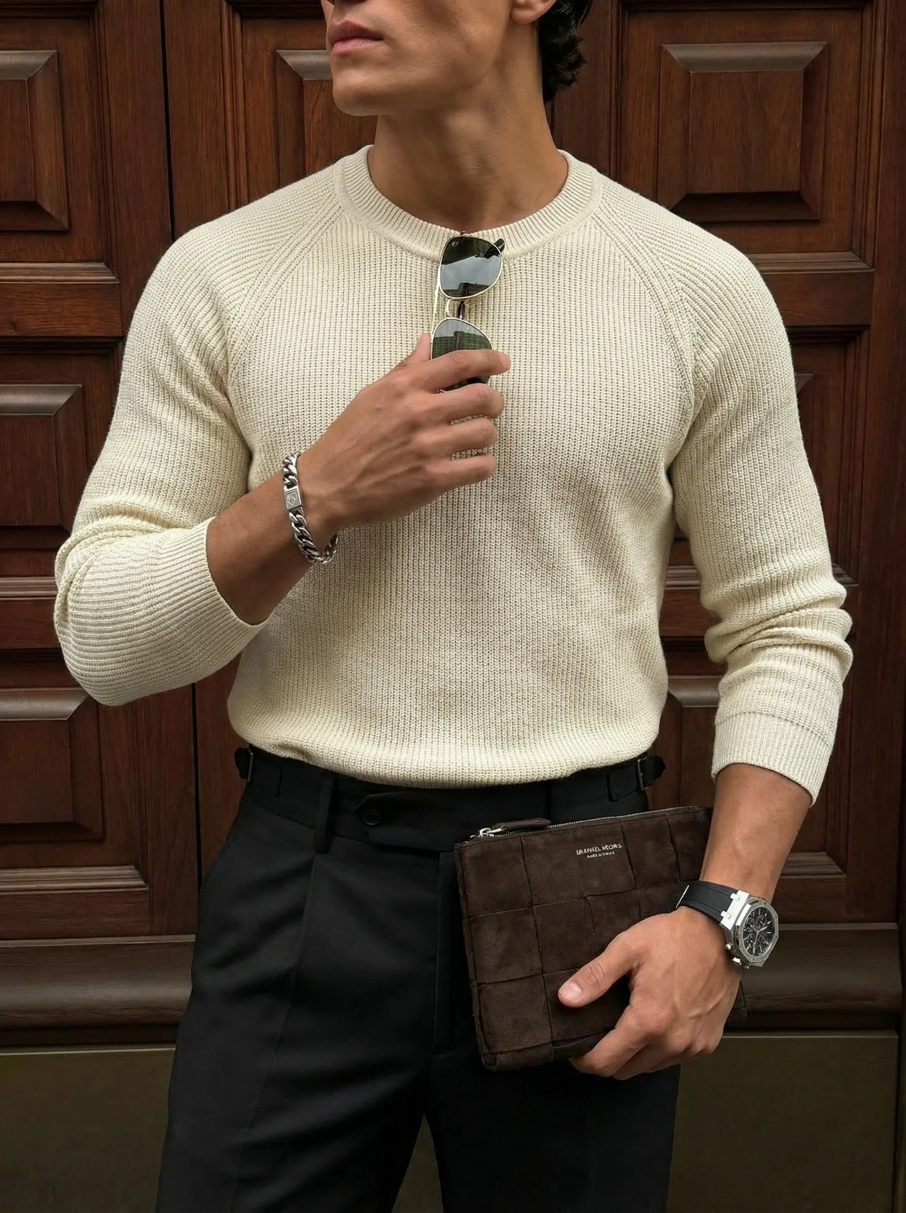 Slim Fit Thin Knit Sweater - Beige - Image 3