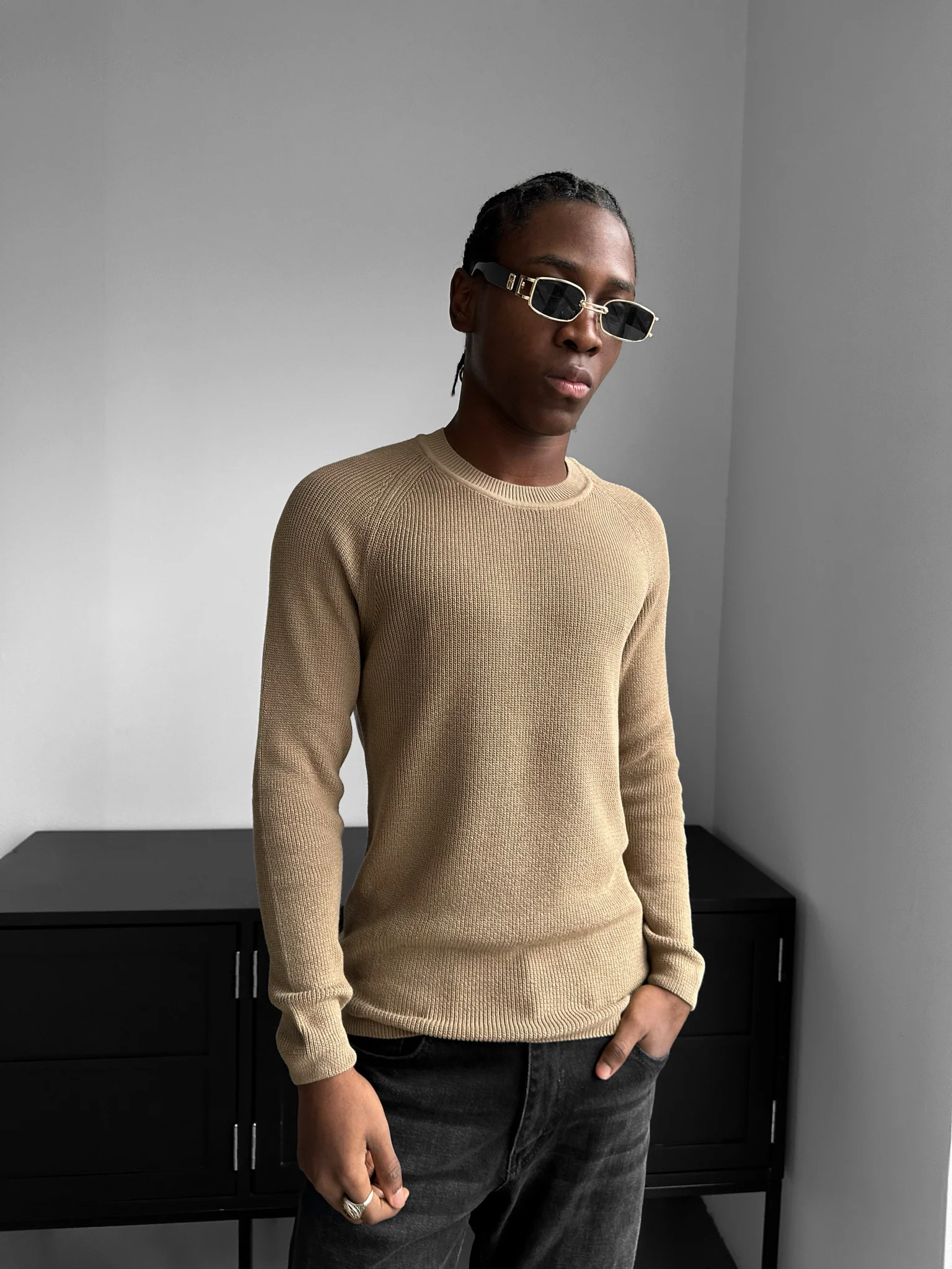 Slim Fit Thin Knit Sweater - Camel - Image 2