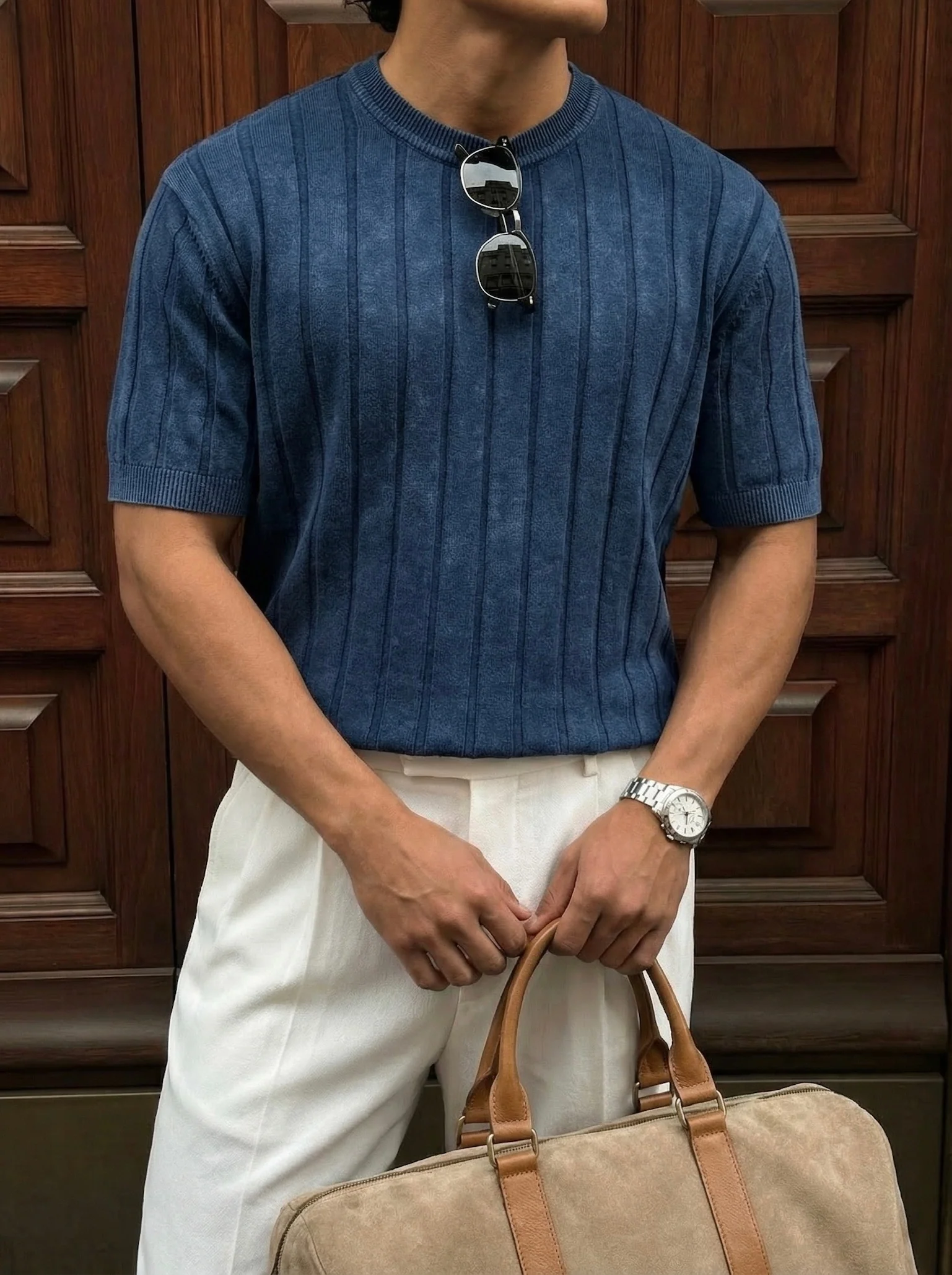 Slim Fit Washed Lines Knit T-Shirt - Blue - Image 2