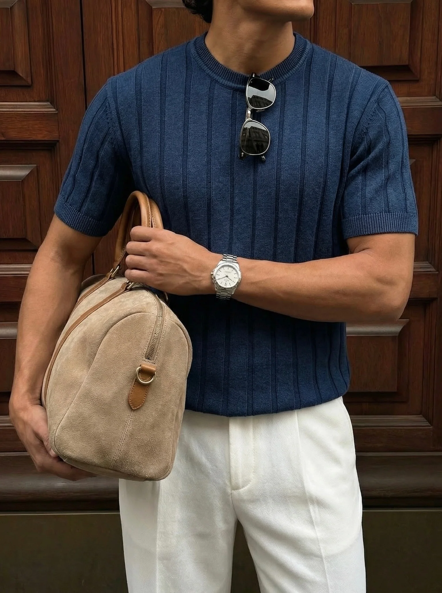 Slim Fit Washed Lines Knit T-Shirt - Blue - Image 3