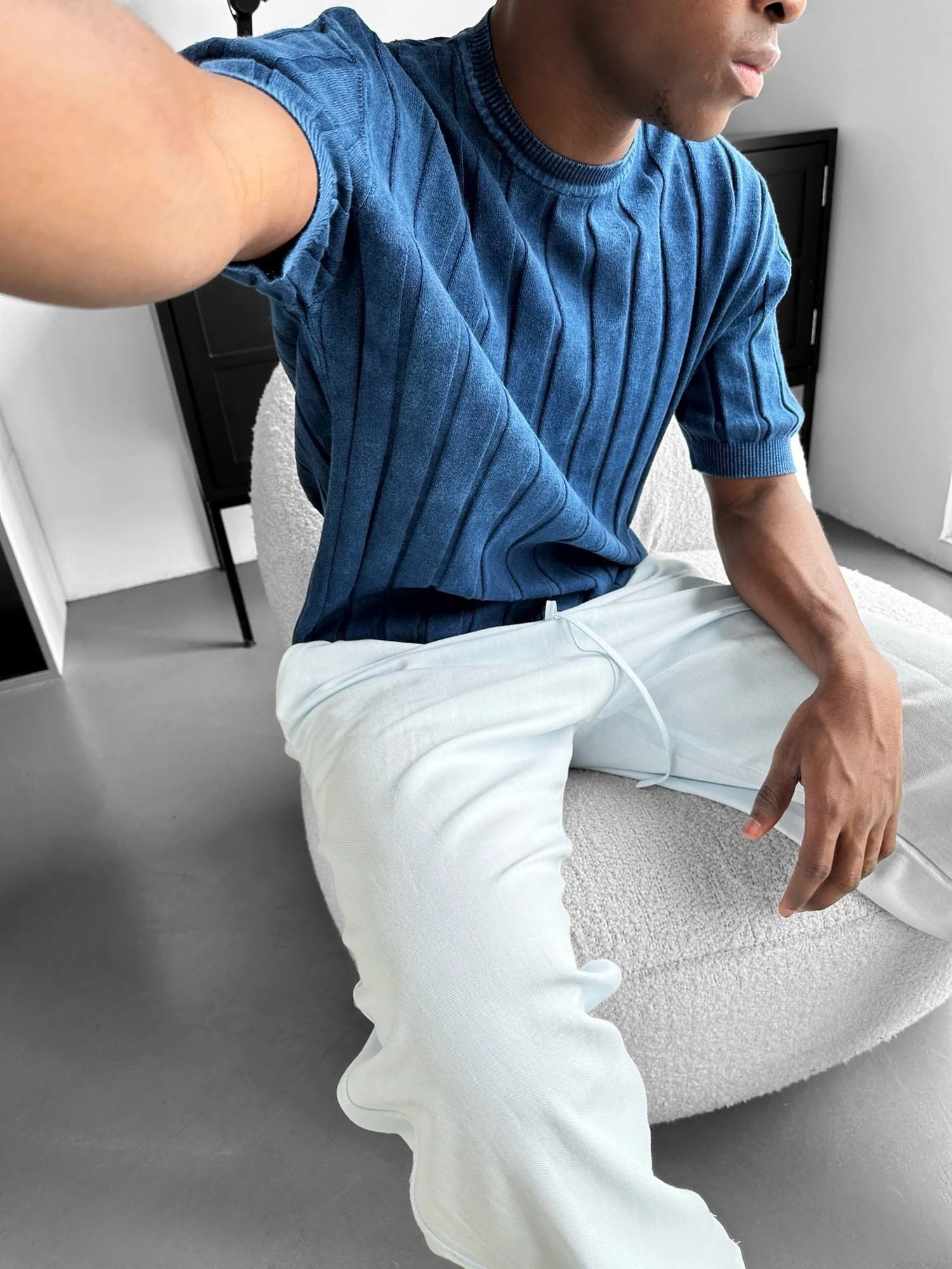 Slim Fit Washed Lines Knit T-Shirt - Blue - Image 6