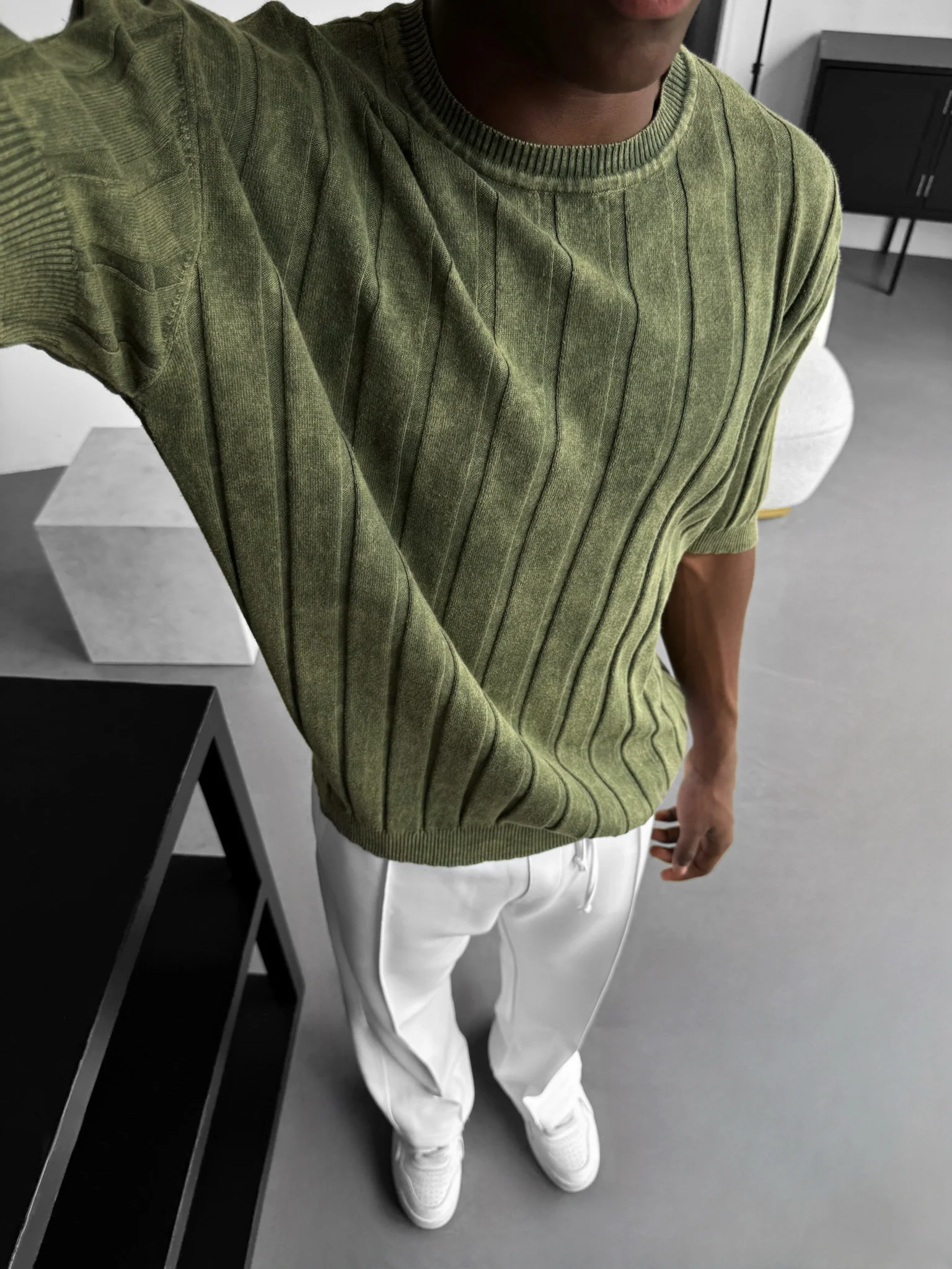 Slim Fit Washed Lines Knit T-Shirt - Khaki - Image 3