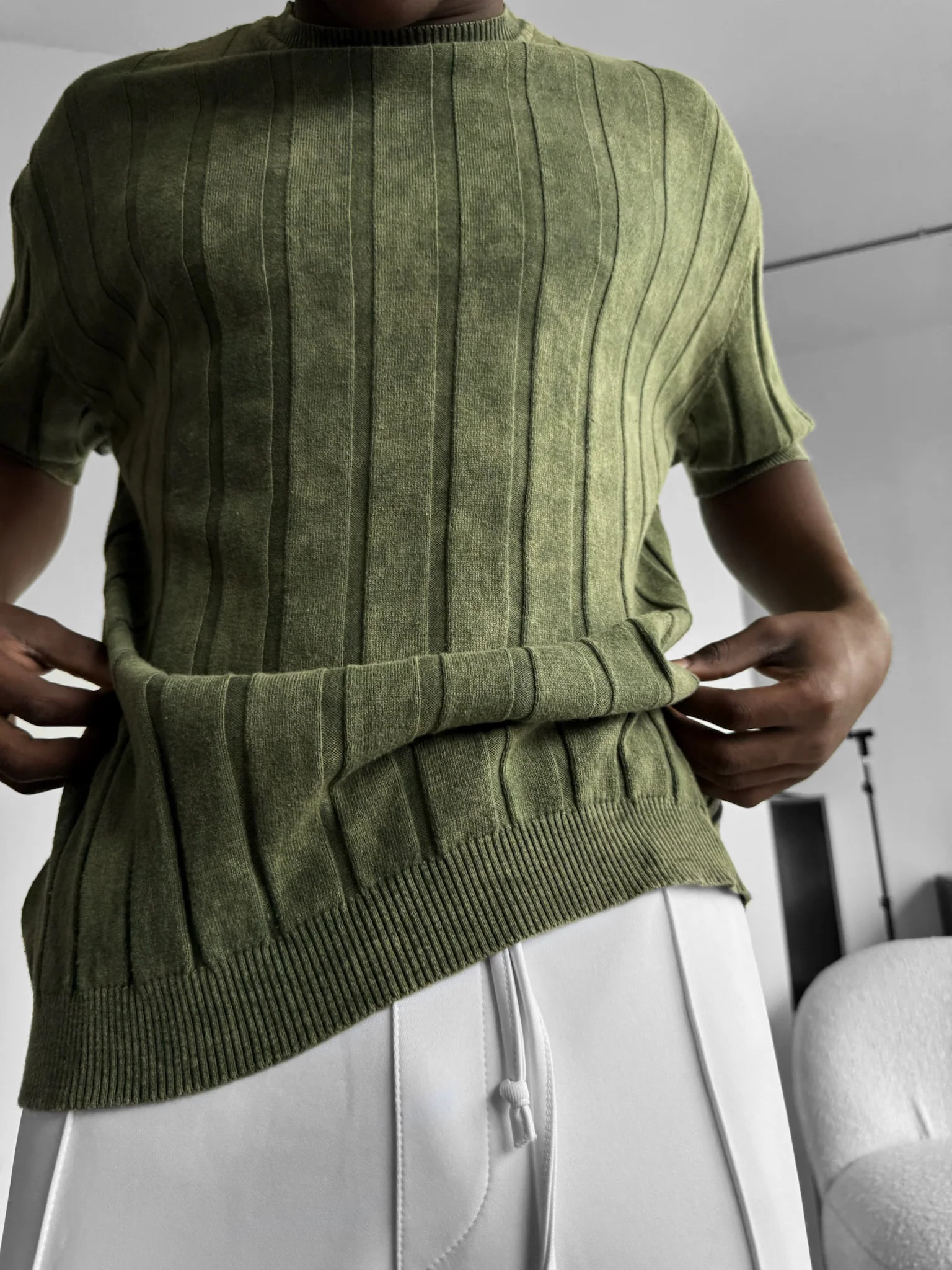 Slim Fit Washed Lines Knit T-Shirt - Khaki - Image 4
