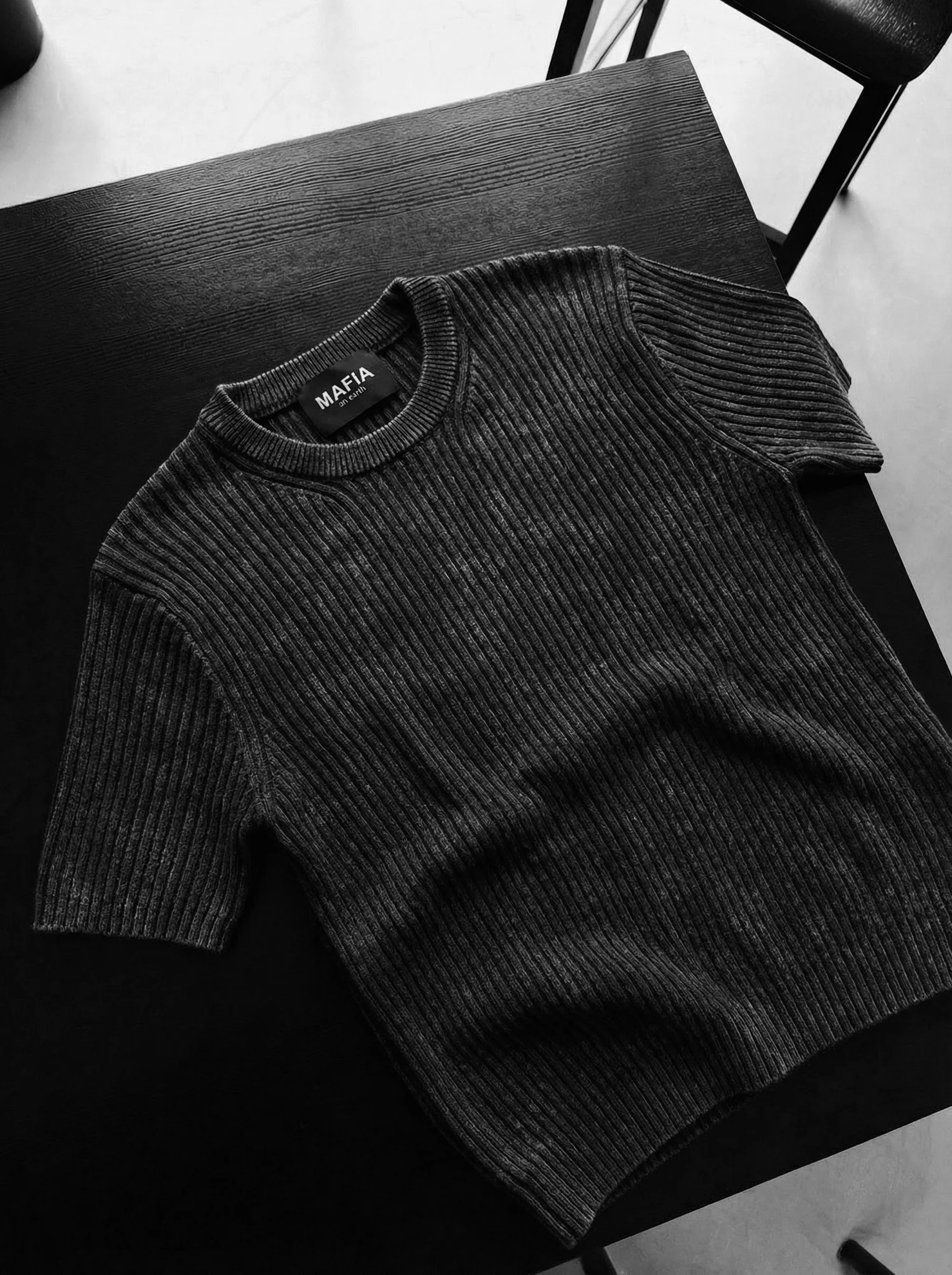 Slim Fit Washed Thin Lines Knit T-Shirt - Anthracite