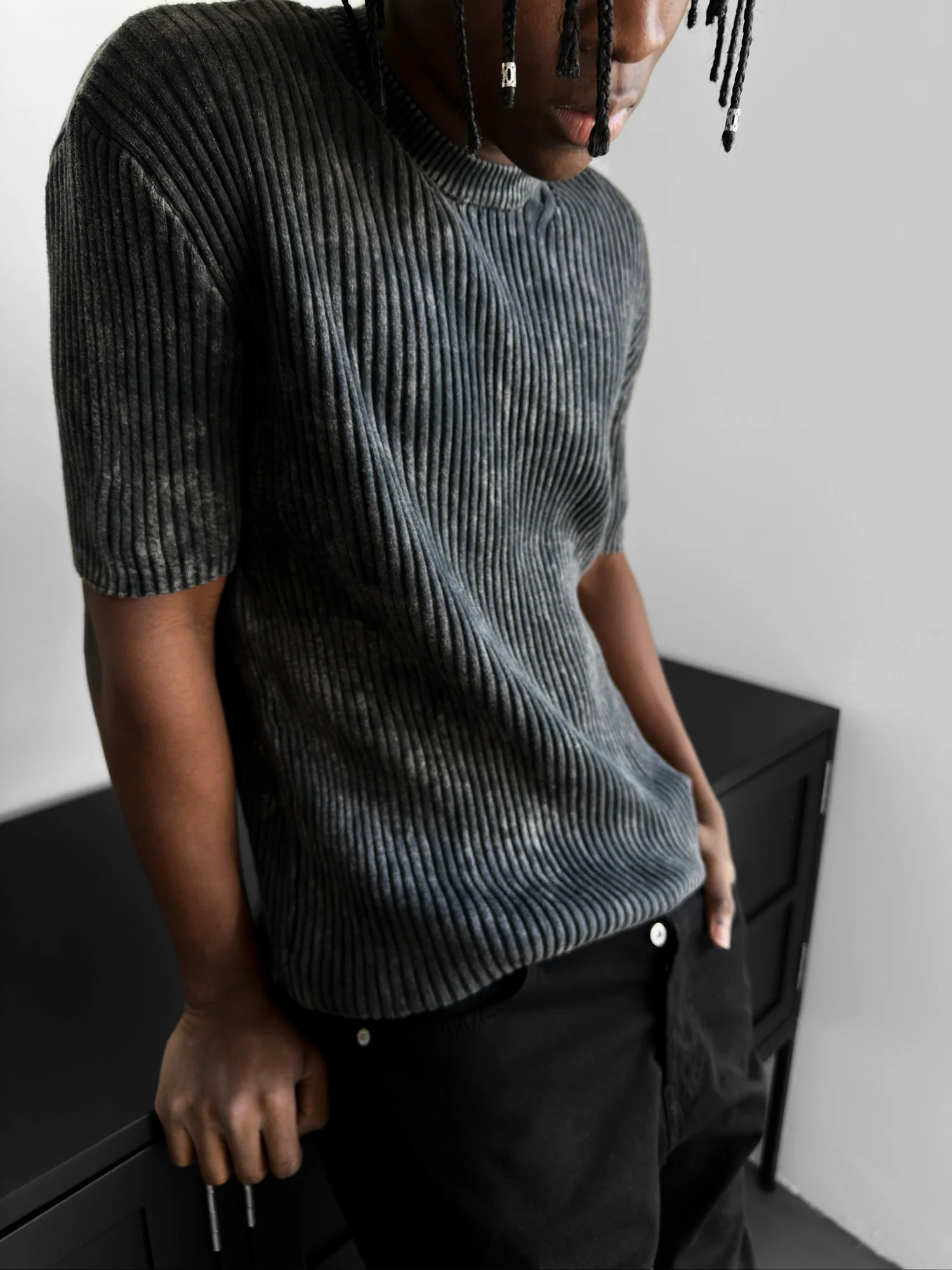 Slim Fit Washed Thin Lines Knit T-Shirt - Anthracite - Image 2