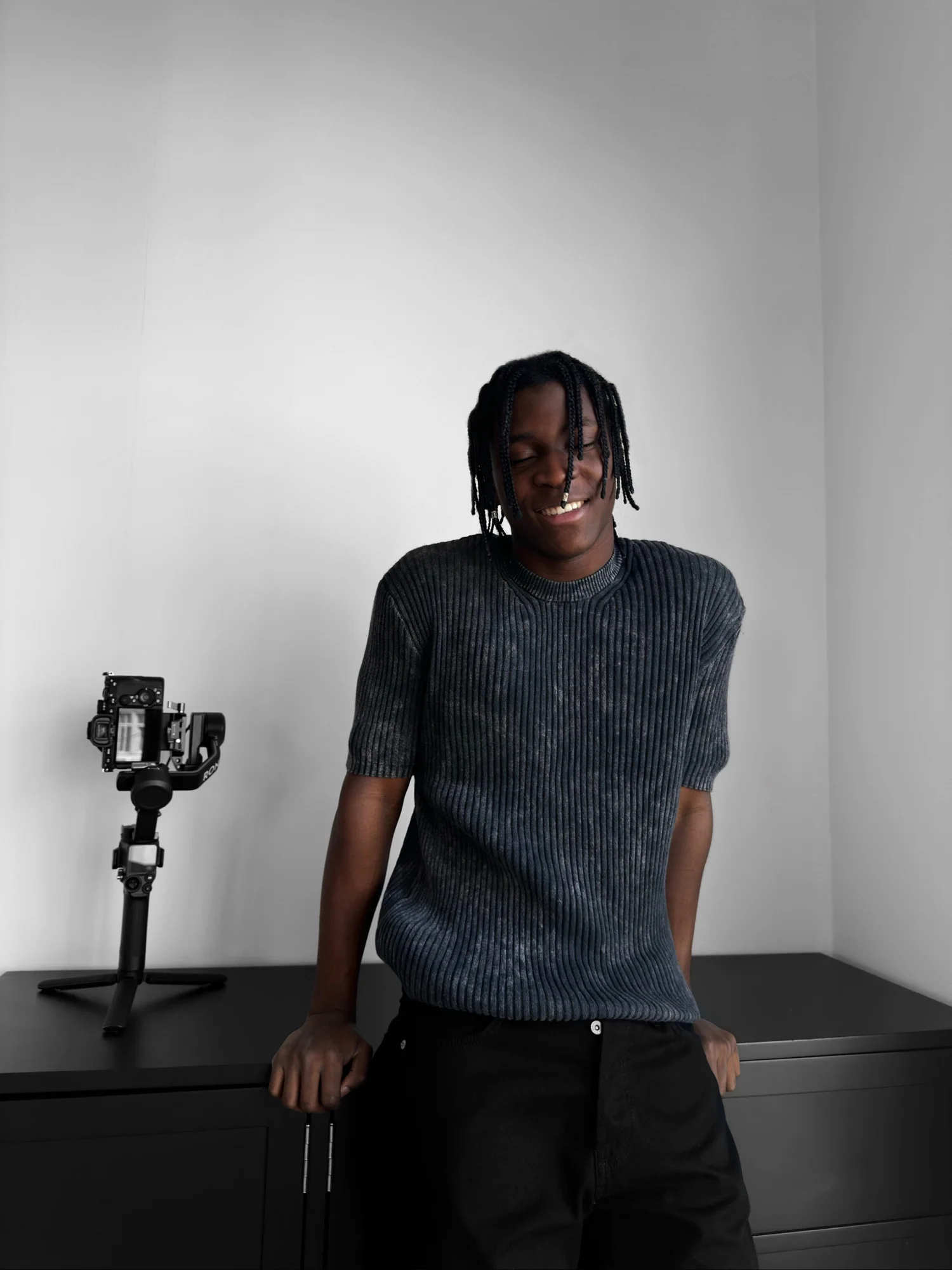Slim Fit Washed Thin Lines Knit T-Shirt - Anthracite - Image 3