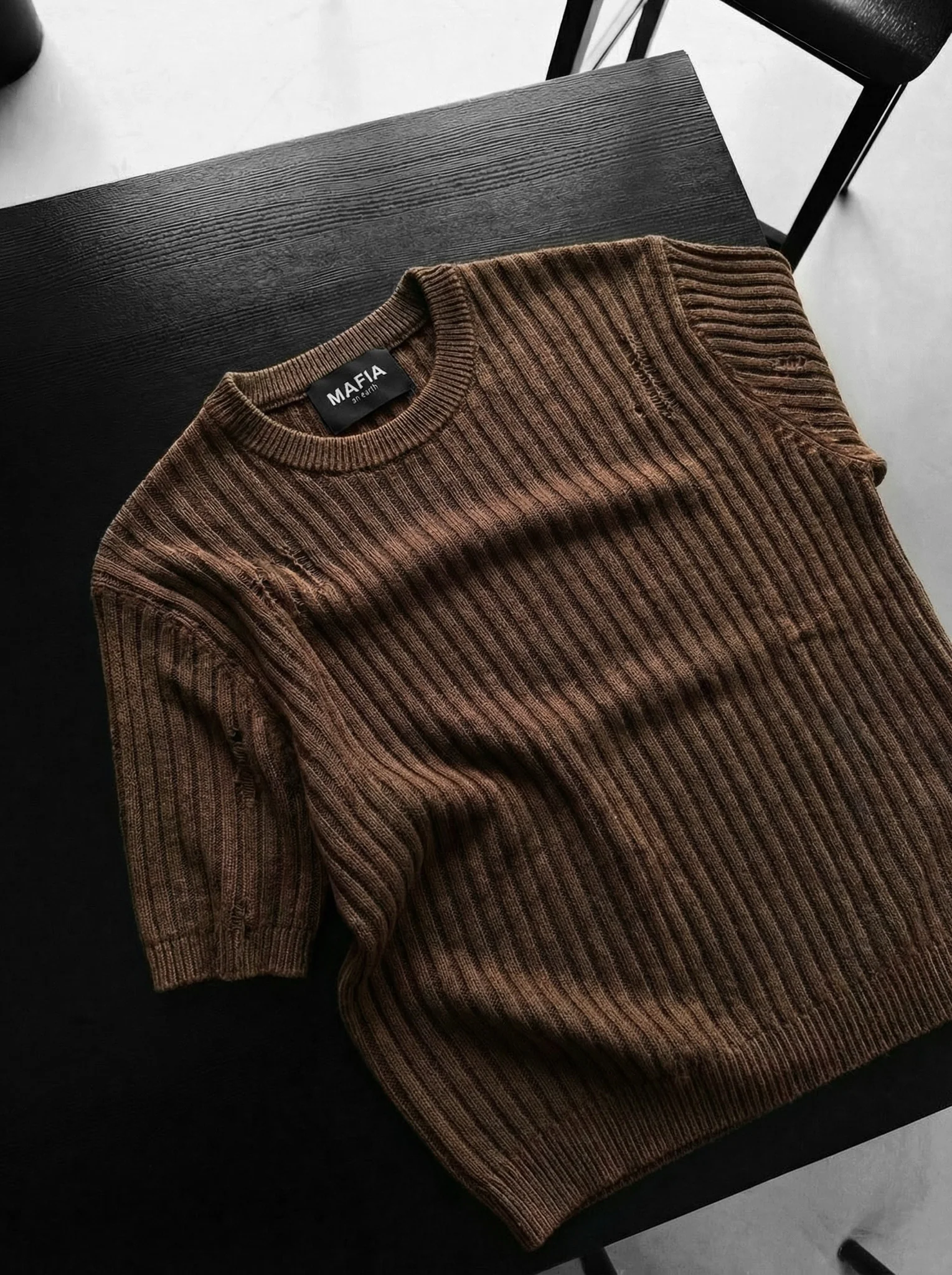 Slim Fit Washed Thin Lines Knit T-Shirt - Brown