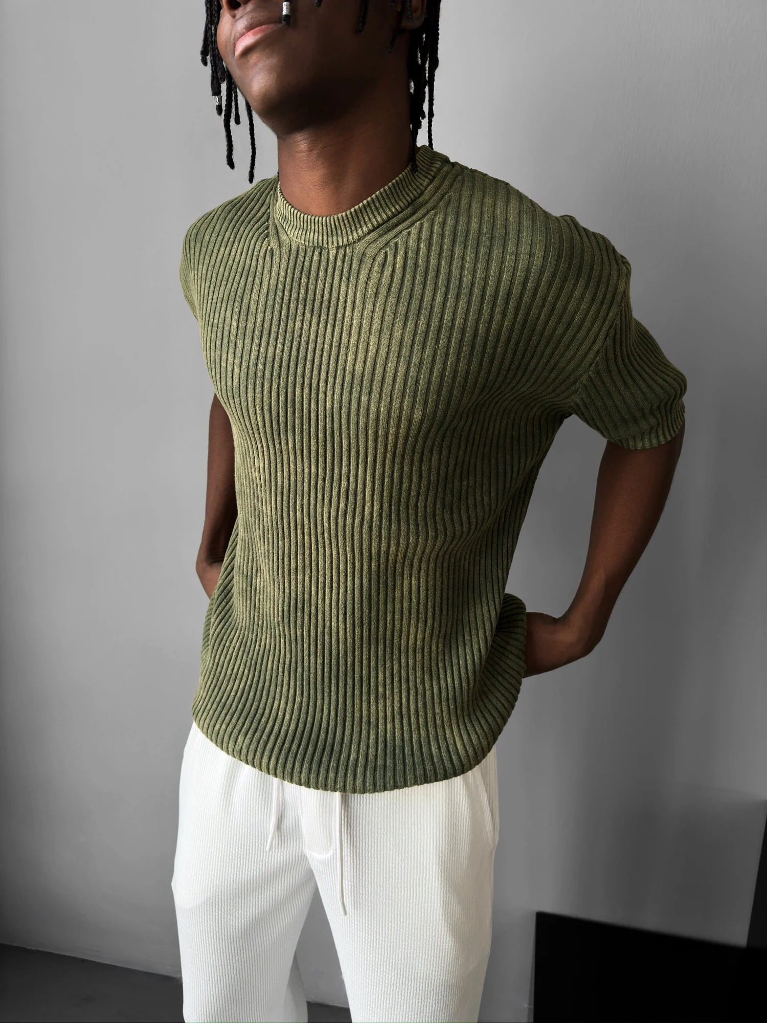 Slim Fit Washed Thin Lines Knit T-Shirt - Khaki - Image 2