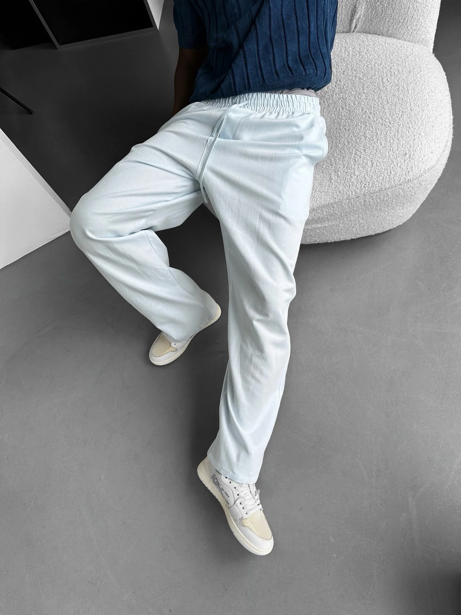 Straight Cut Mixed Fabric Trousers - Babyblue - Image 3