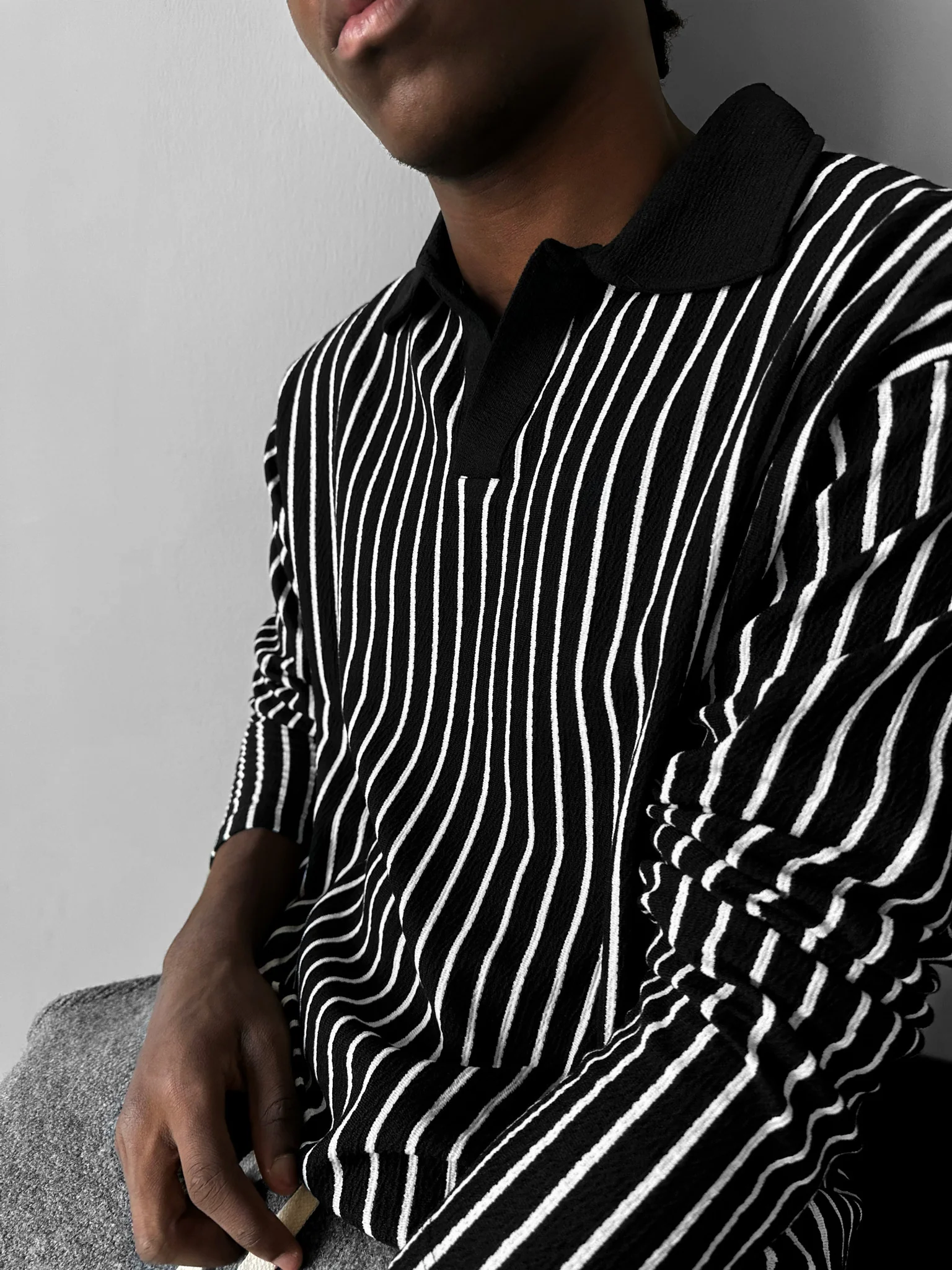 Striped Polo Sweatshirt - Black - Image 2