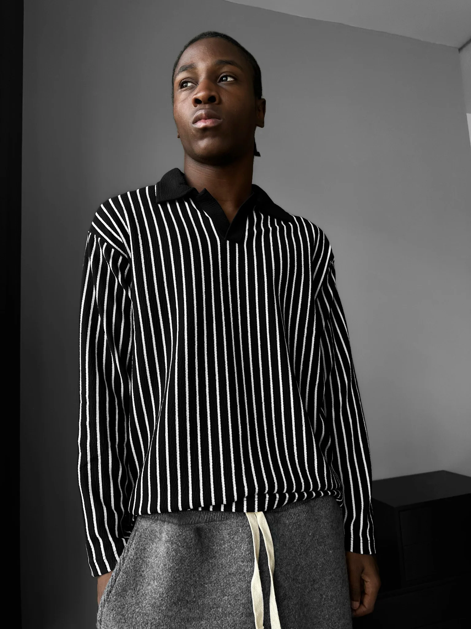 Striped Polo Sweatshirt - Black - Image 3