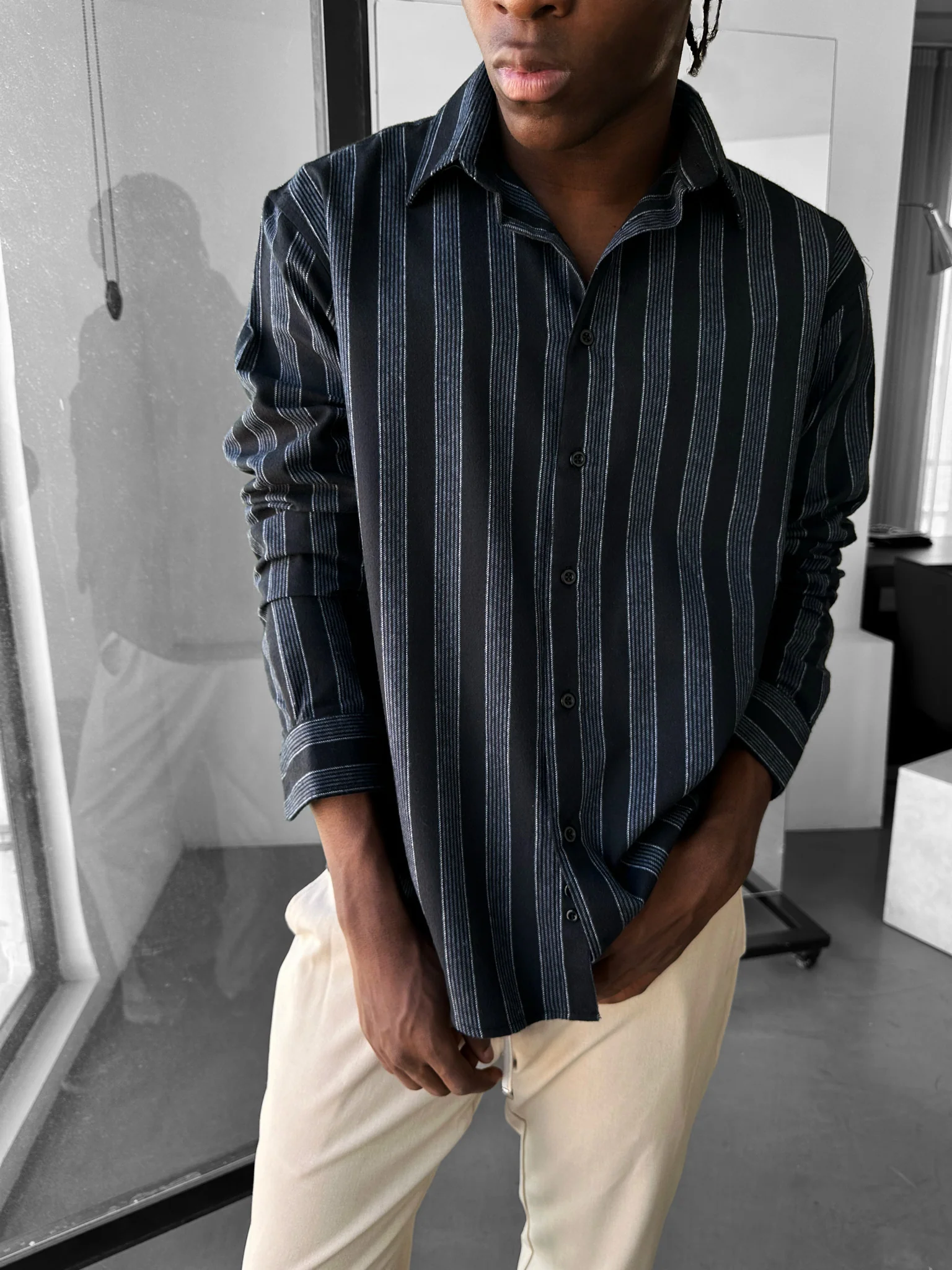 Thick Striped Winter Shirt - Navy Blue - Image 2