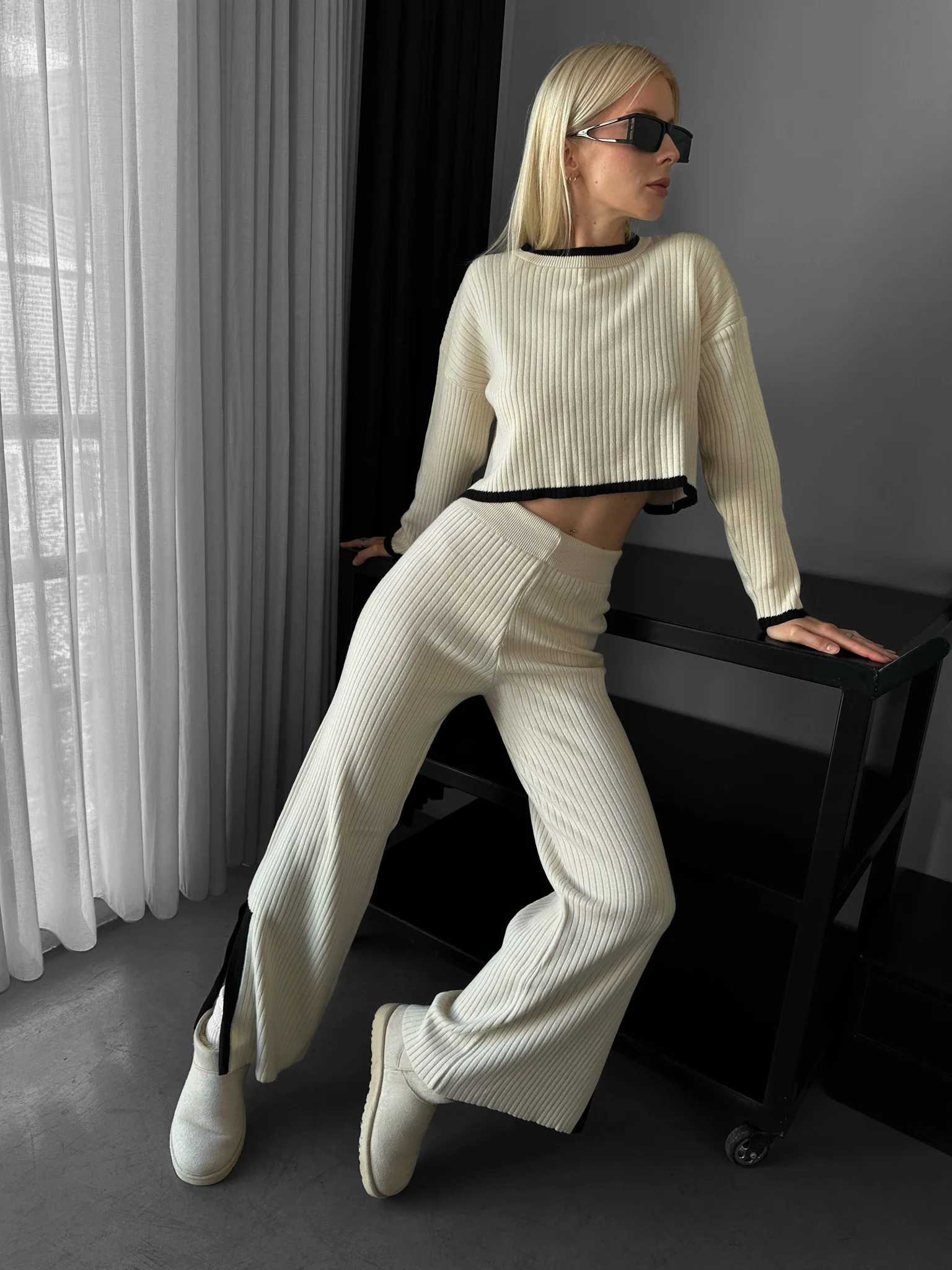Wide Leg Details Knit Trousers - Beige - Image 2