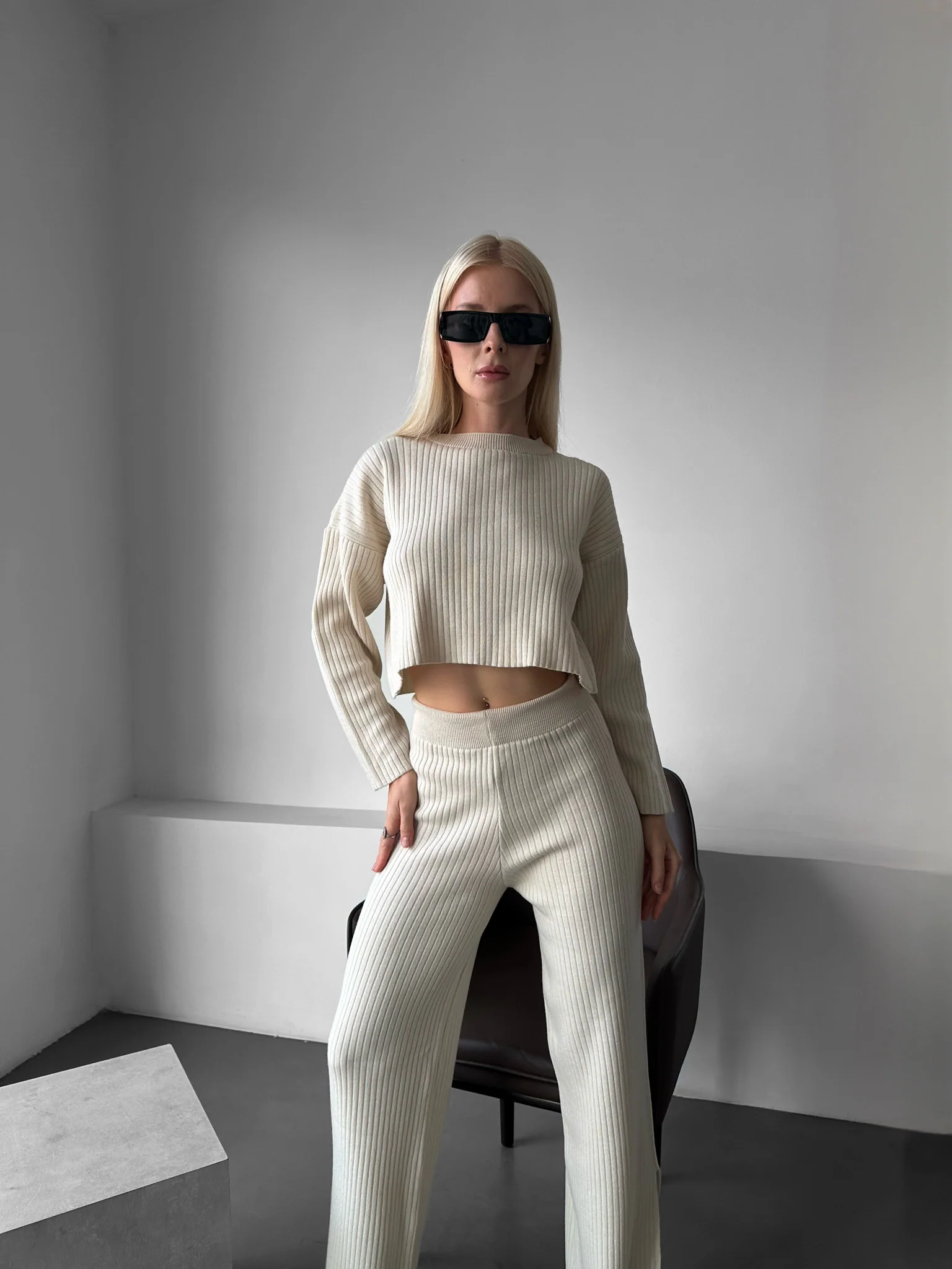 Wide Leg Knit Trousers -Beige - Image 4