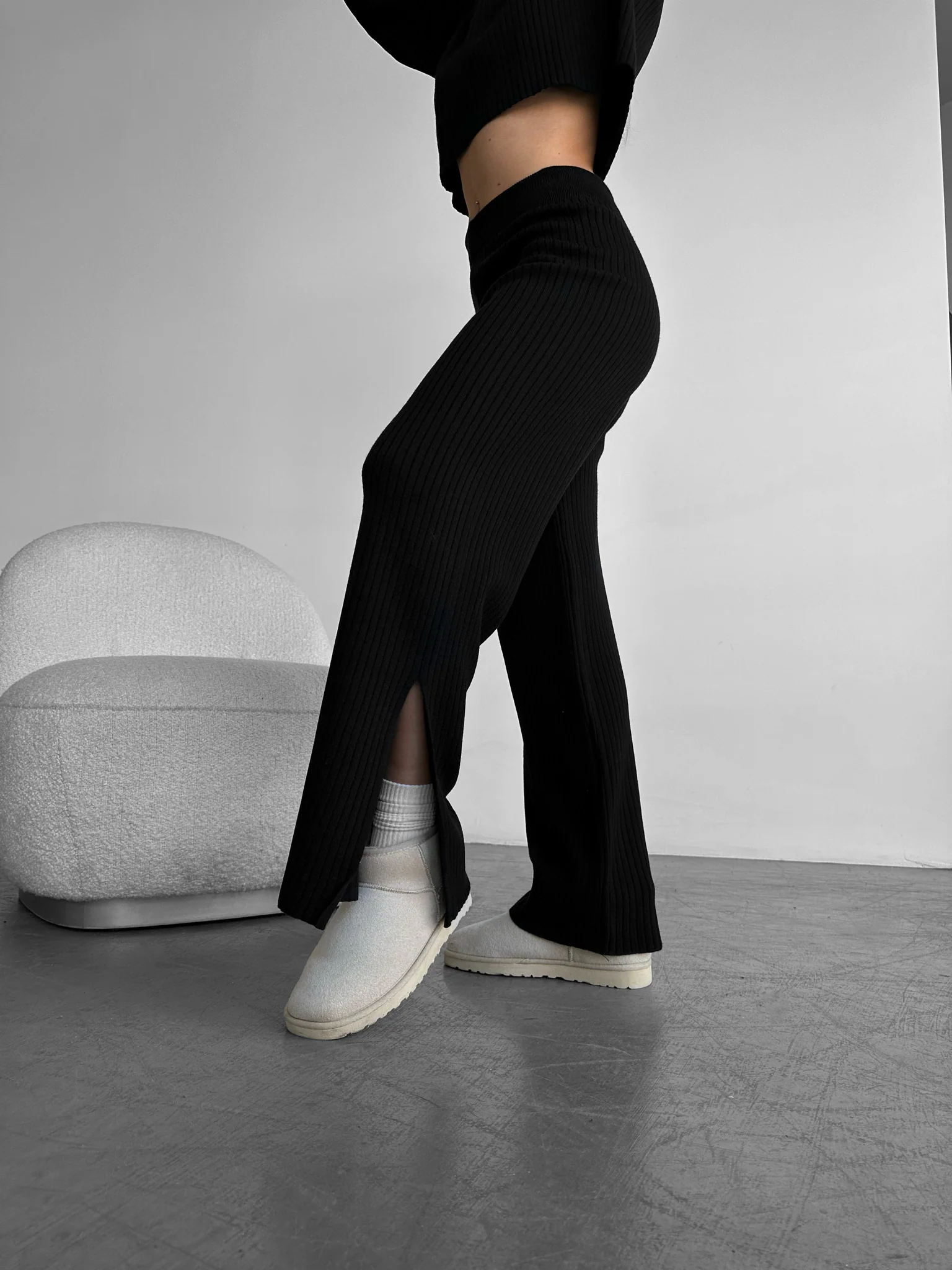 Wide Leg Knit Trousers - Black - Image 3